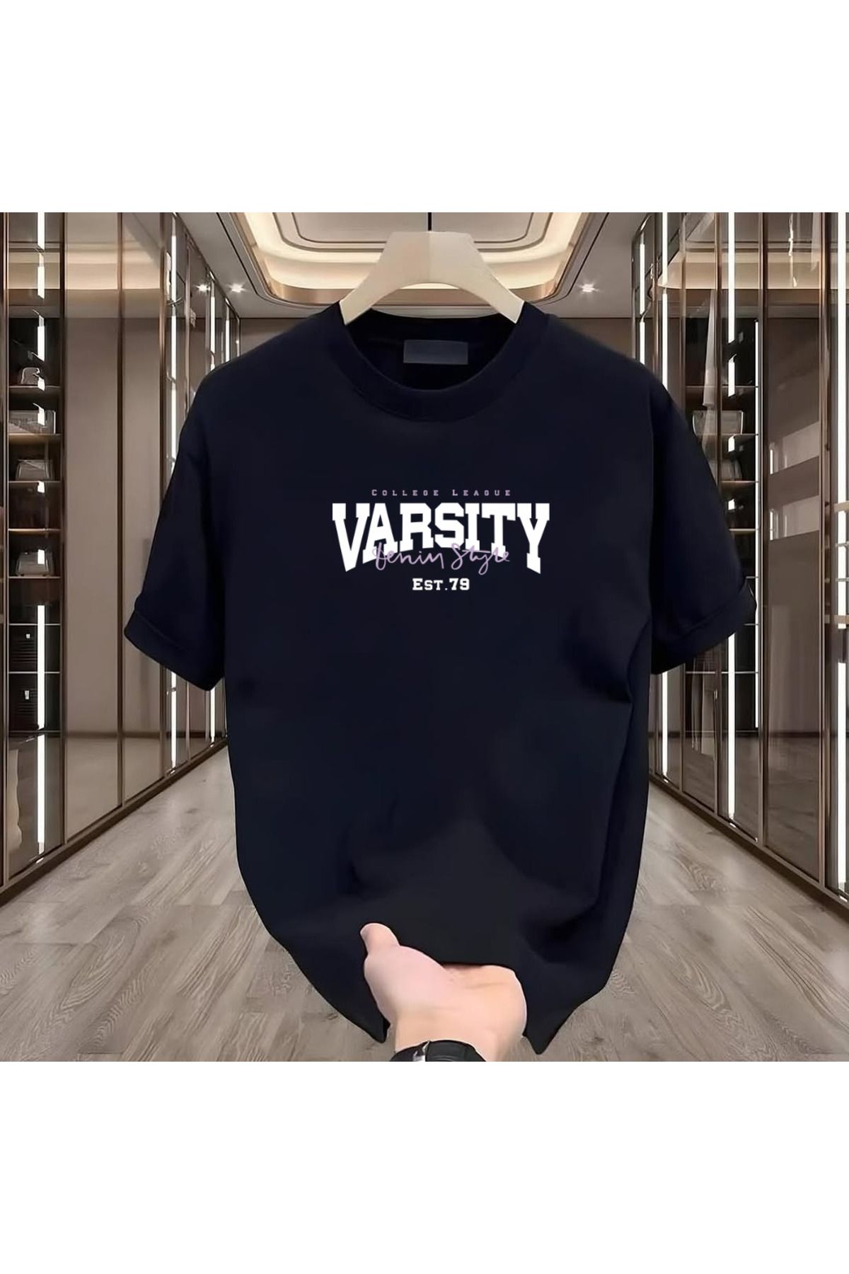ROVELLA Varsity Baskılı Siyah Oversize Erkek Tshirt