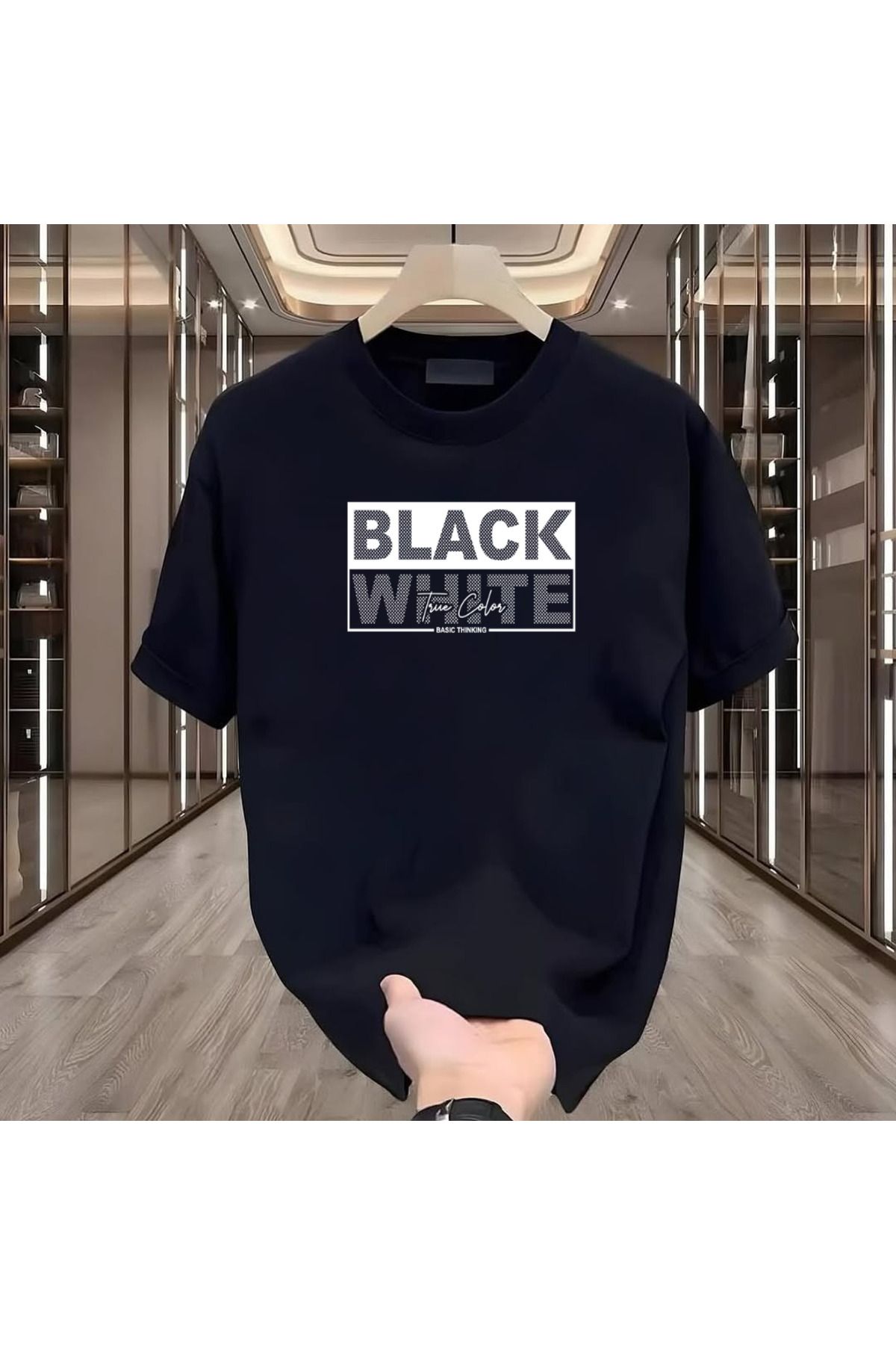 ROVELLA Black White Baskılı Siyah Oversize Erkek Tshirt