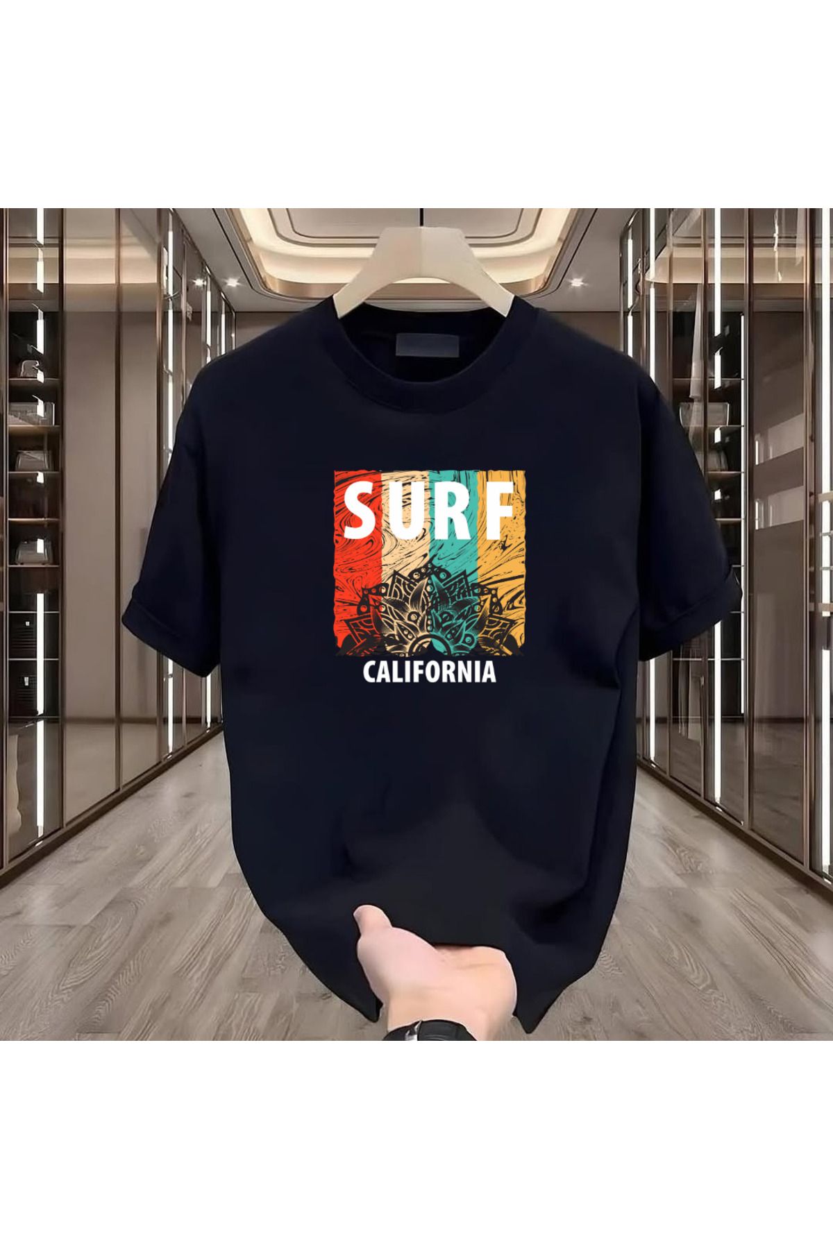 ROVELLA Surf California Baskılı Siyah Oversize Erkek Tshirt
