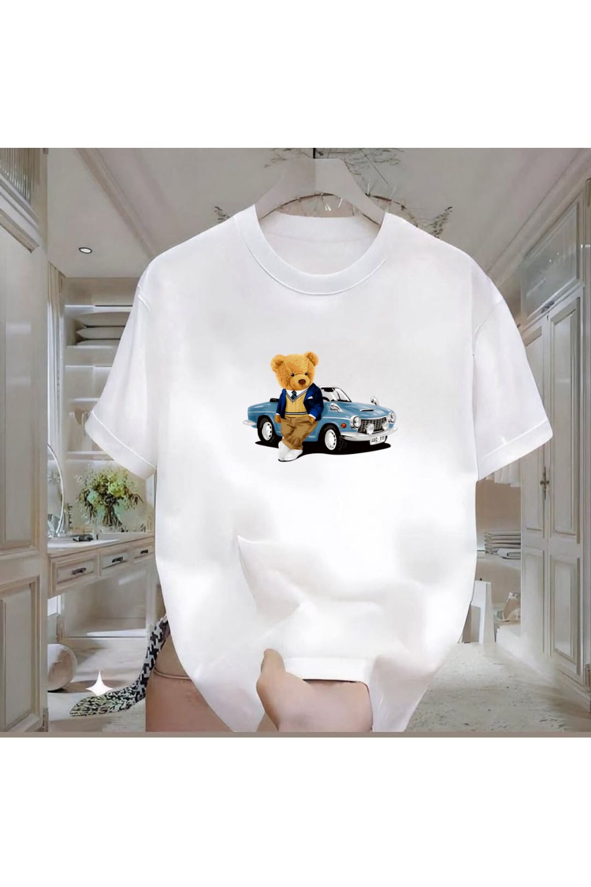 ROVELLA Car Bear Baskılı Beyaz Oversize Erkek Tshirt