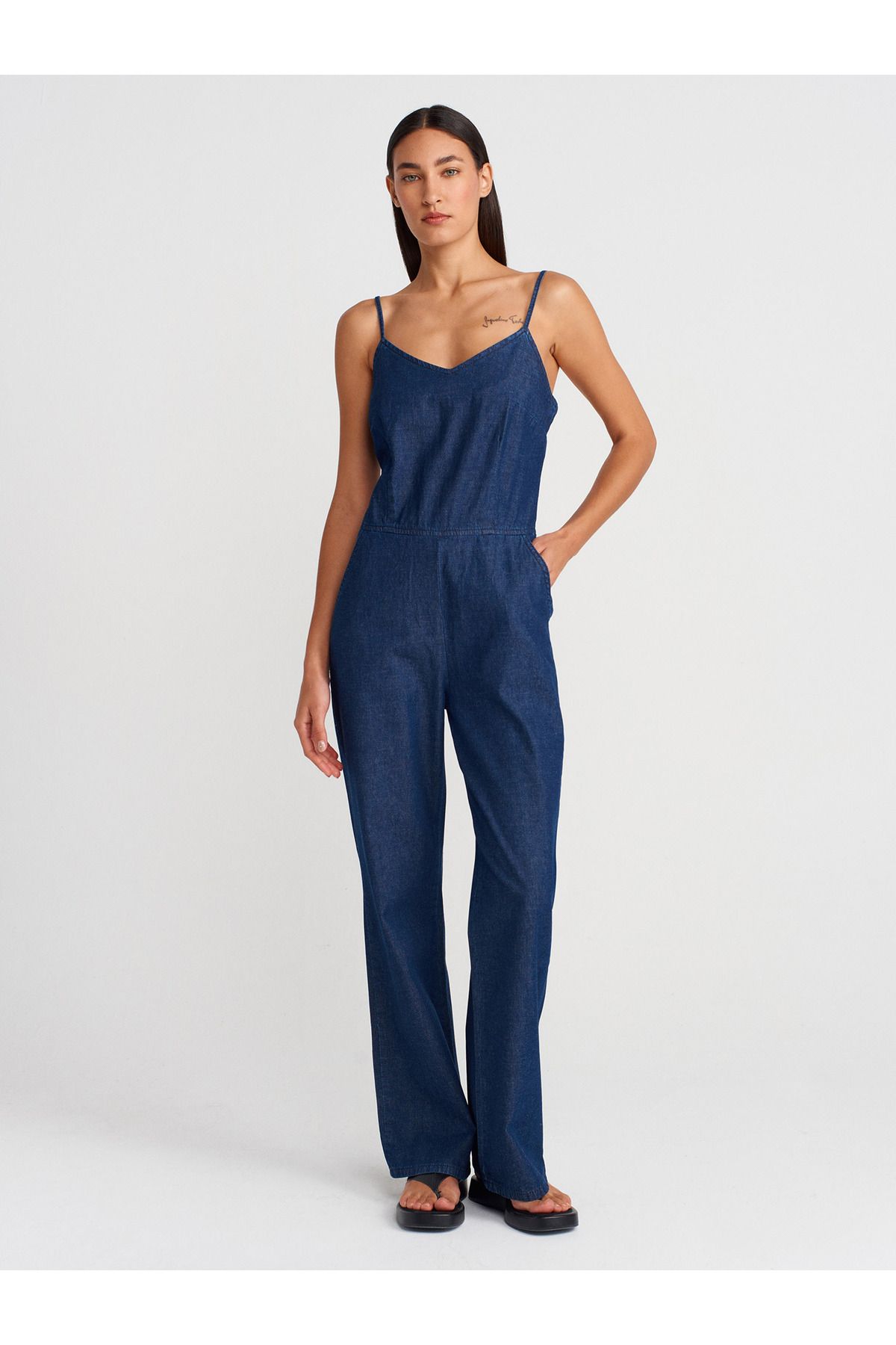 Dilvin 72012 İnce Askılı Denim Tulum-Lacivert