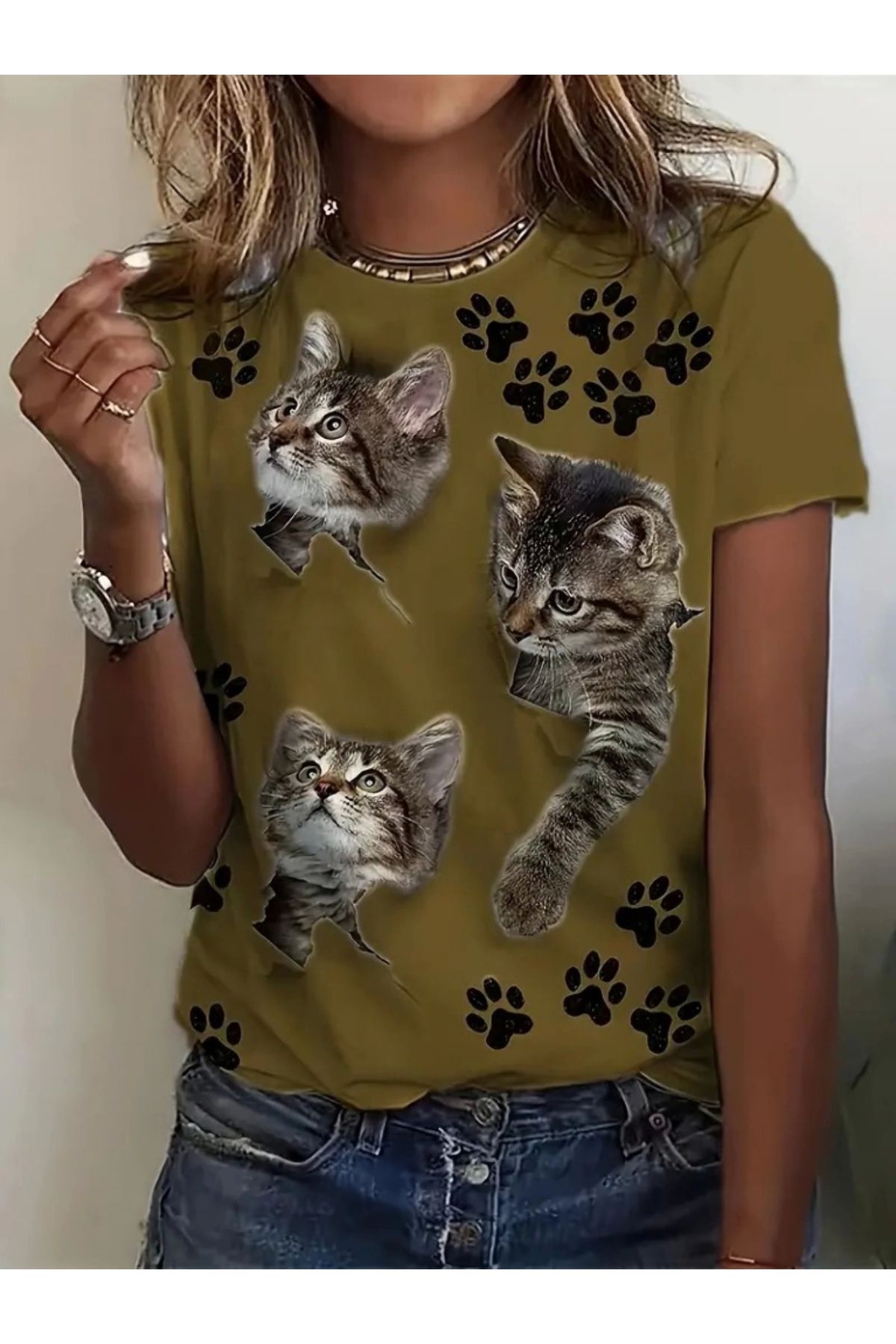 POLEXP Kedi Desenli Kısa Kollu Kadın T-shirt