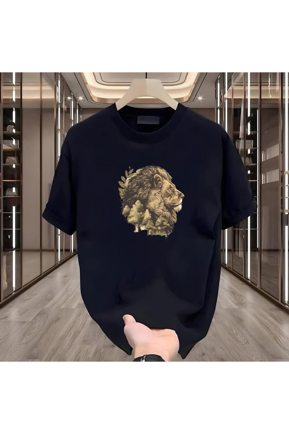 ROVELLA Aslan Baskılı Siyah Oversize Erkek Tshirt