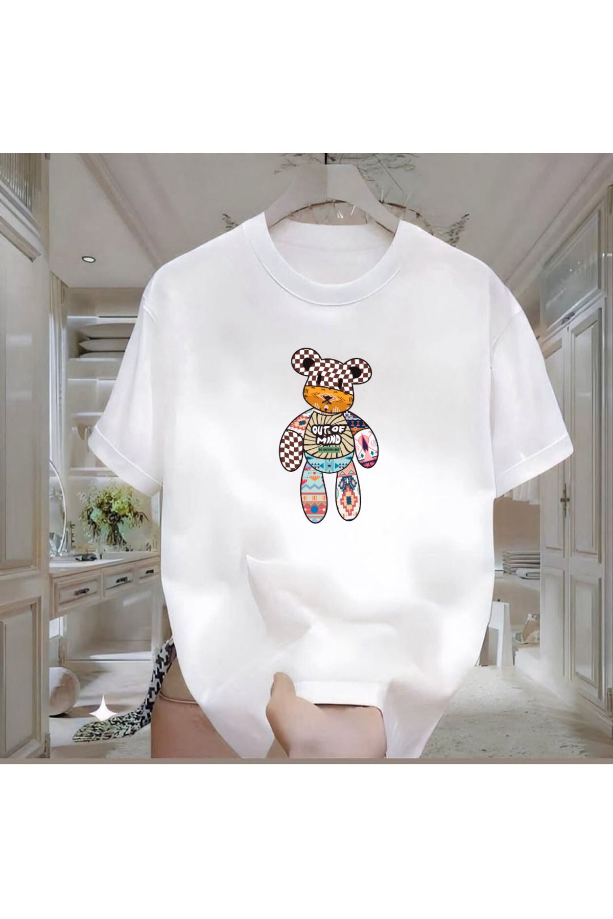 ROVELLA Mind Bear Baskılı Beyaz Oversize Erkek Tshirt