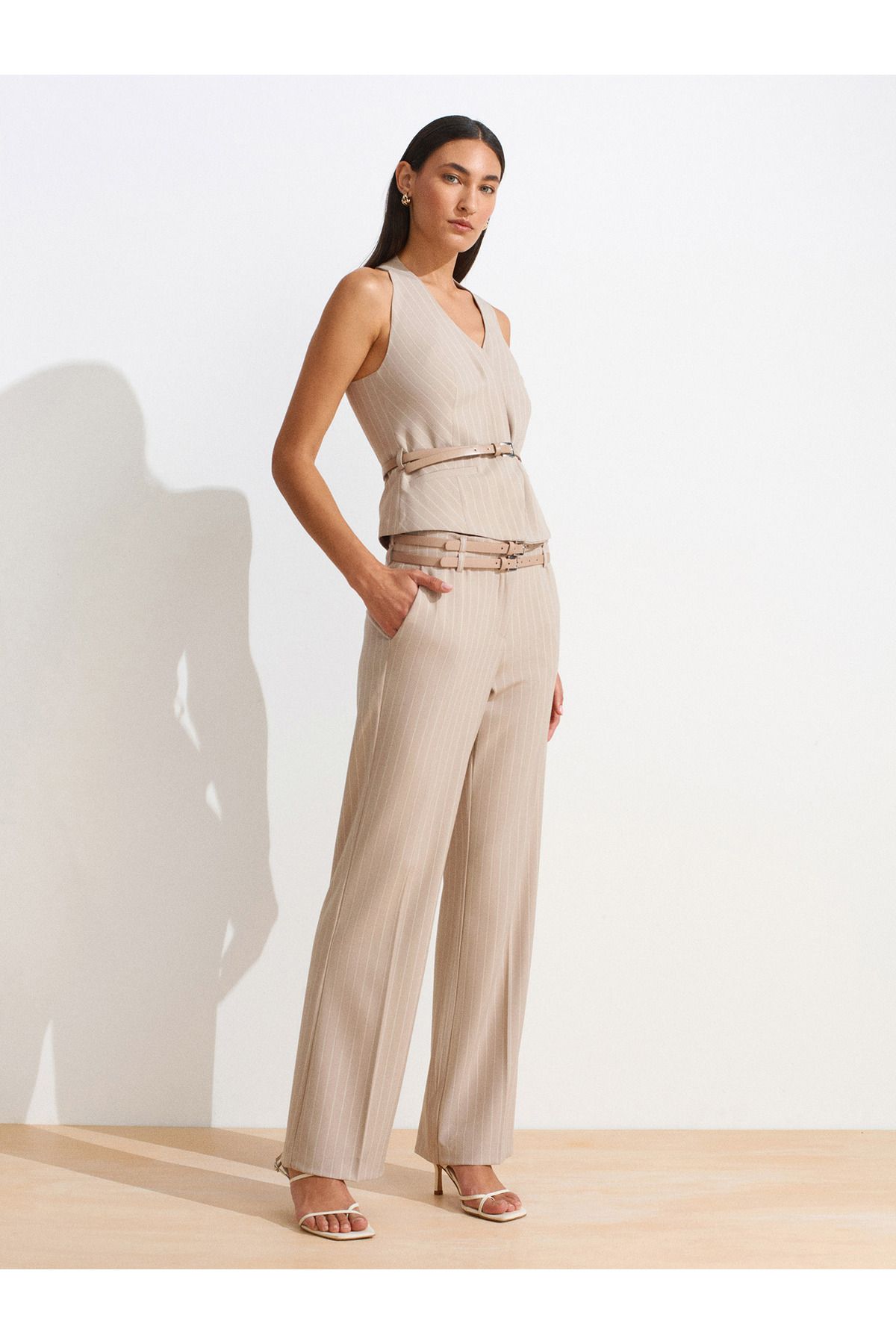 Dilvin 72129 Çift Kemerli Pantolon-Bej