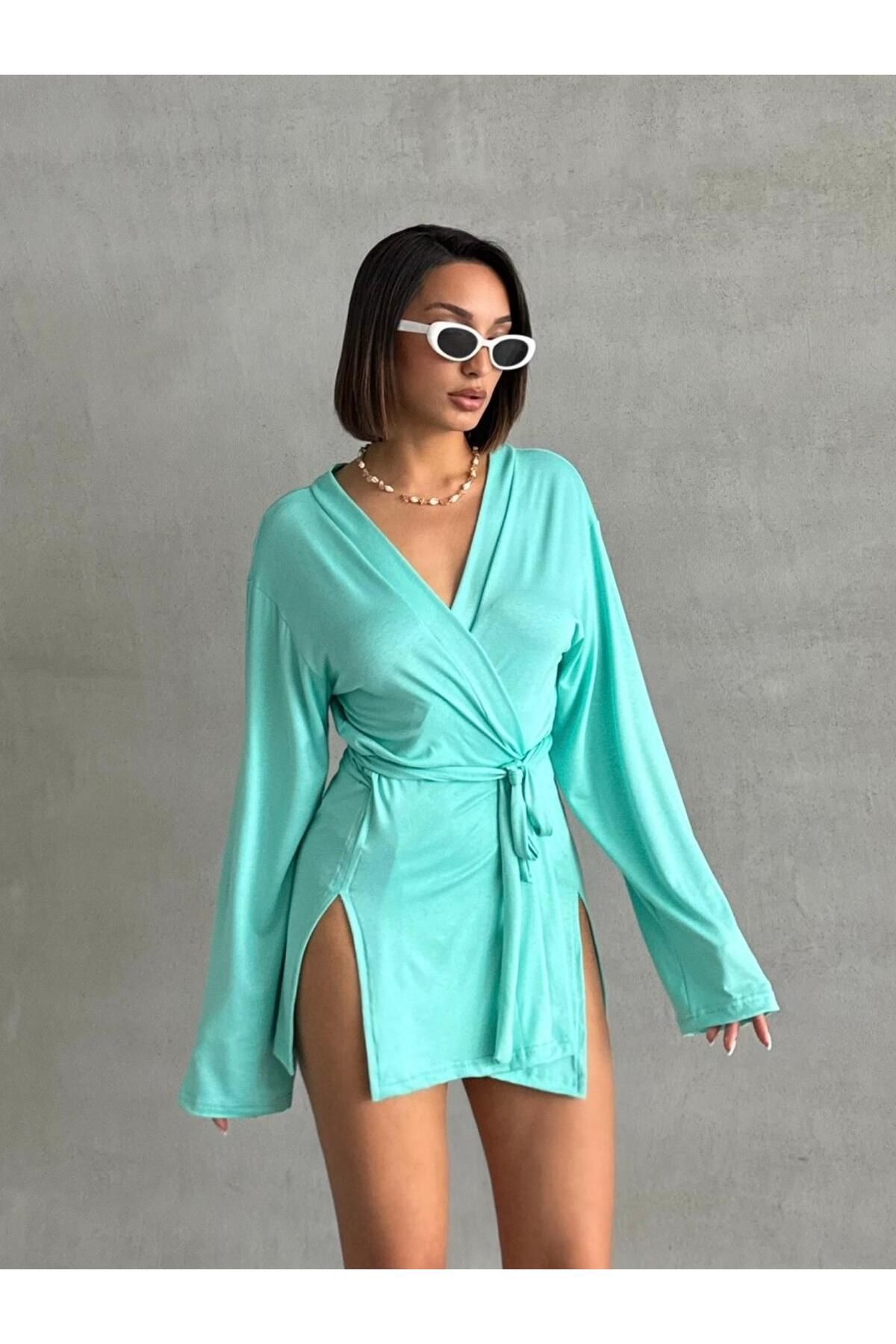 The Base Kadın Su Yeşili Miyabi Kruvaze Kuşak Detaylı Kimono
