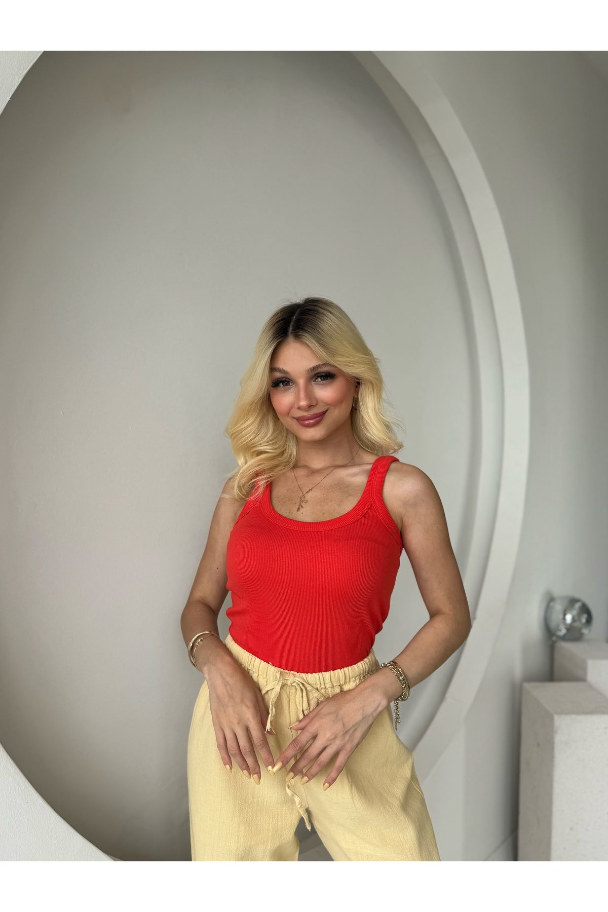 FEHUBLOOM Nar Çiçeği U Yaka Fitilli Atlet