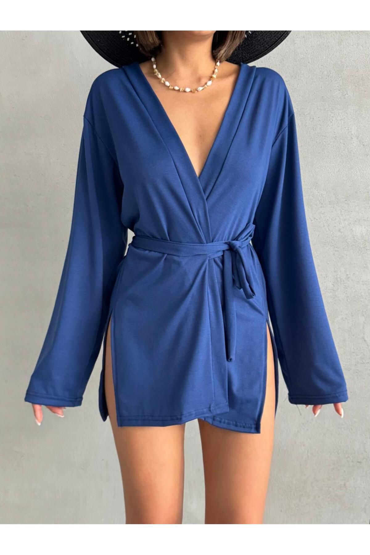 The Base Kadın İndigo Mavi Miyabi Kruvaze Kuşak Detaylı Kimono