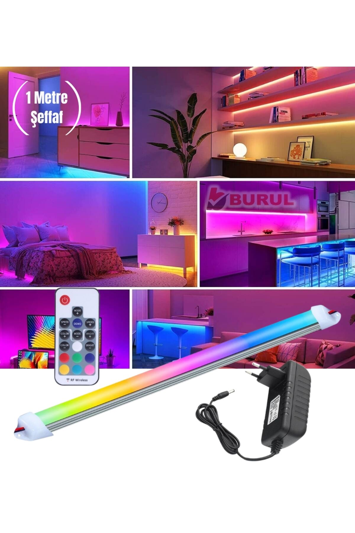 burul SB-6542 1 Metre Şeffaf 20 Renk RF Kumandalı RGB Çubuk Şerit Led Renk Değiştiren Led Işık