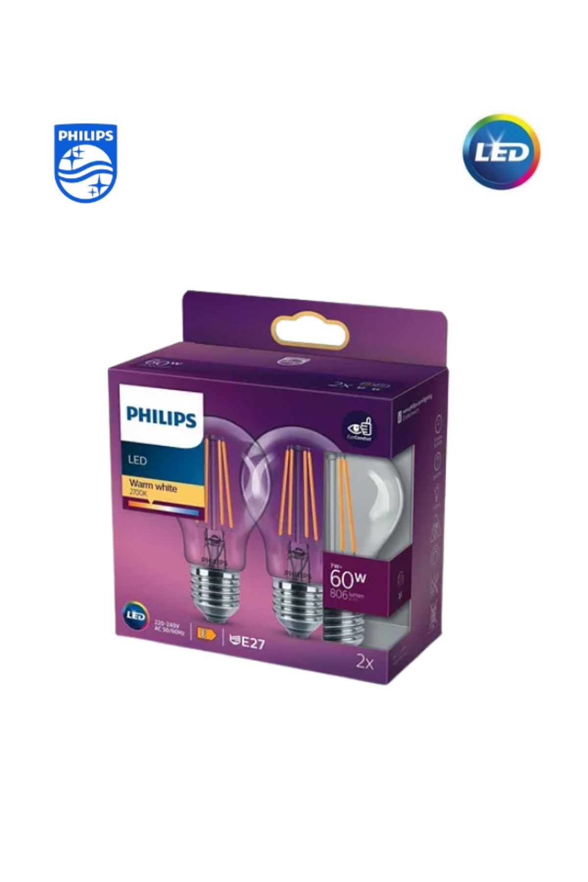 Philips A60 Led Classic 60W E27 2700K -Sarı Işık 2'li EkoPaket