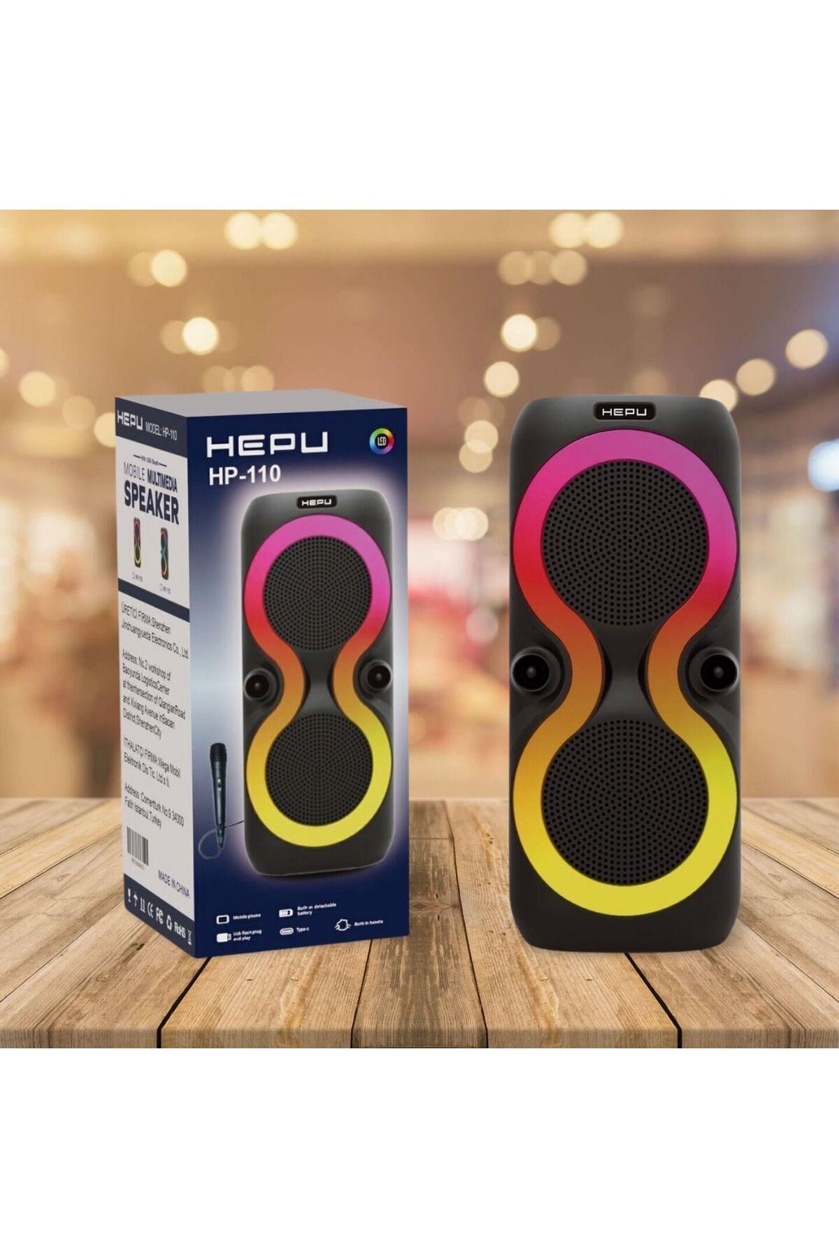 HEPU HP-110 2X4'' 2X10CM KABLOLU 1 EL MİKROFON BLUETOOTH ŞARJLI MÜZİK KUTUSU