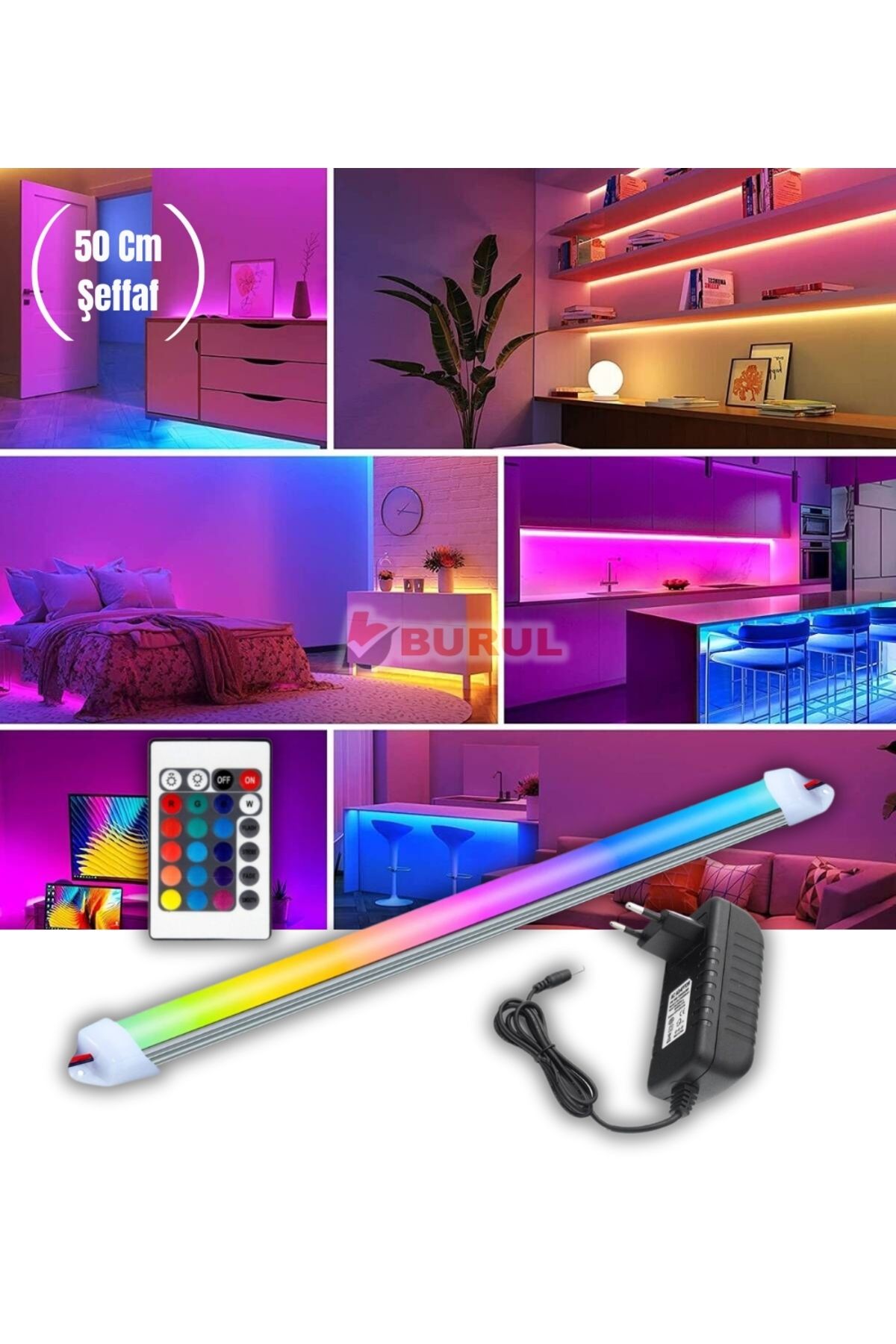 burul SB-6540 50 Cm Şeffaf RGB 16 Renk Kumandalı Çubuk Şerit Led Renk Değiştiren Led Işık