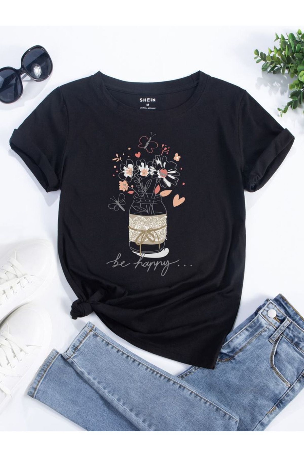 aynewmoda Kadın Siyah Yazlık Rahat Kısa Kollu Pamuklu Çiçek Logolu Hafif Esnek Bluz