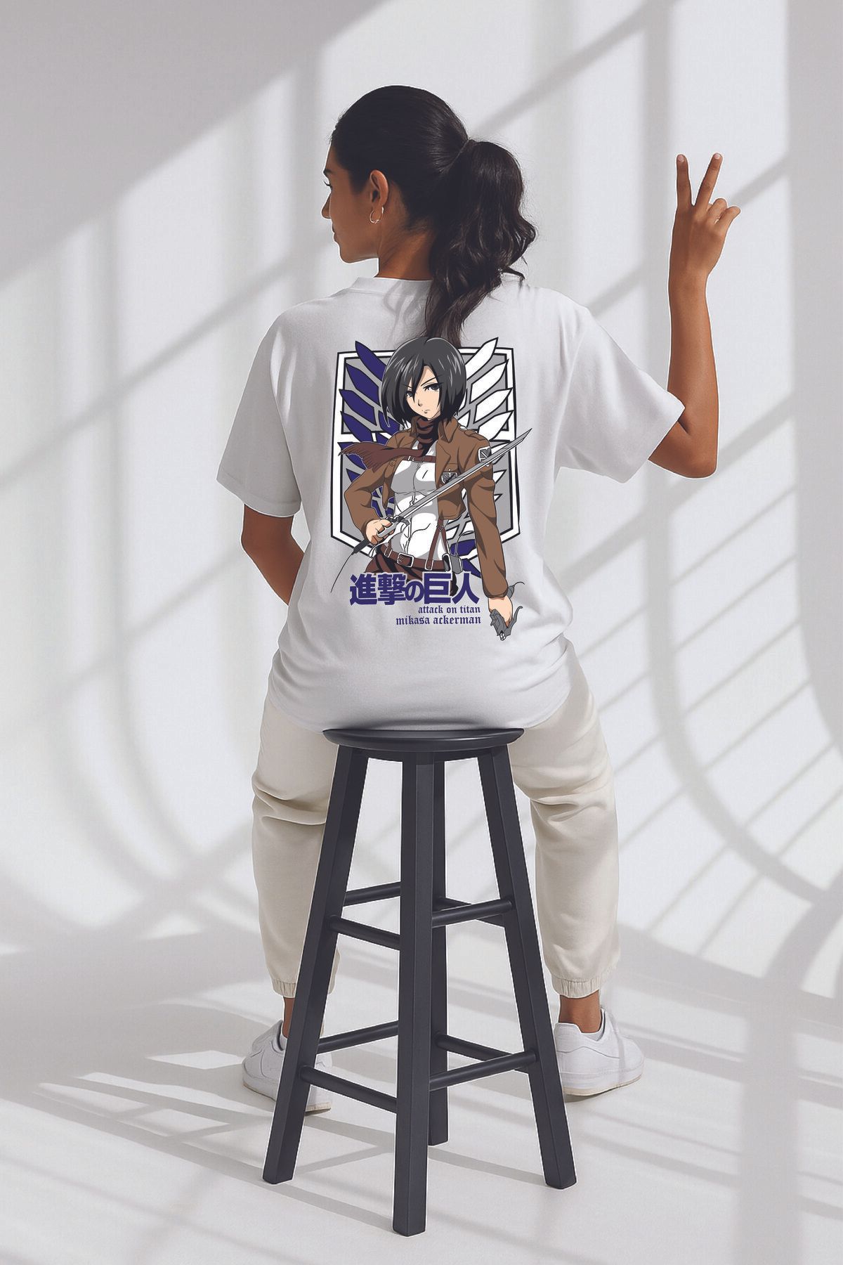 By Caspita Fashion Lenithra Attack On Titan Mikasa Anime Sırt Baskılı Unisex Oversize Beyaz T-shirt