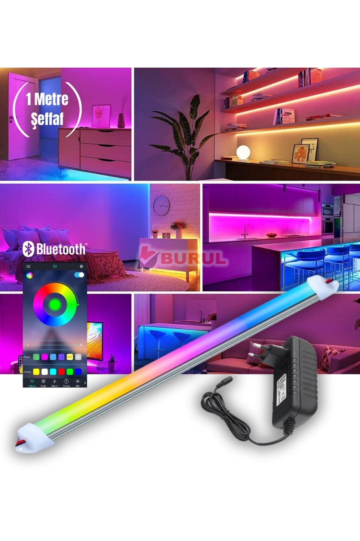 burul SB-6543 1 Metre Şeffaf 256 Renk Bluetooth Kontrol RGB Çubuk Şerit Led Renk Değiştiren Led Işık