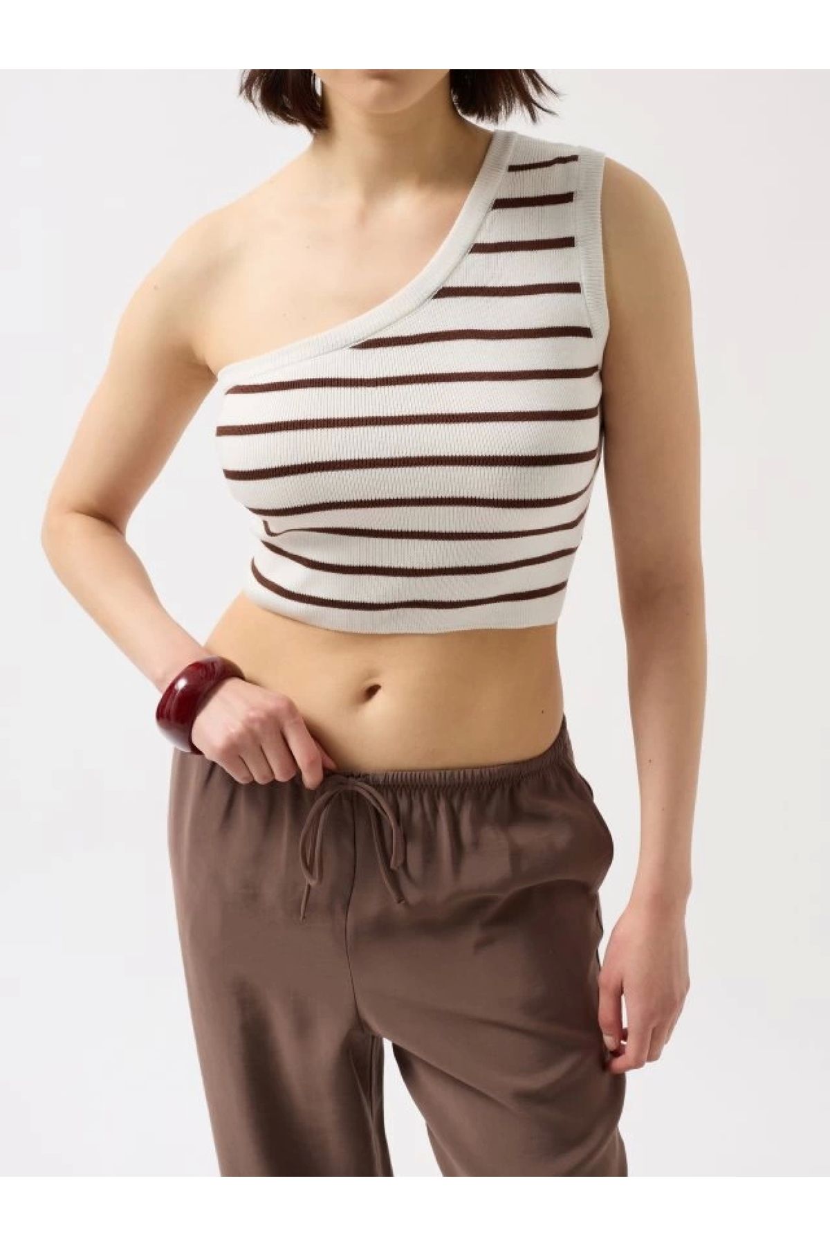 POLEXP Şık Siyah Omuz Çizgili Crop Üst