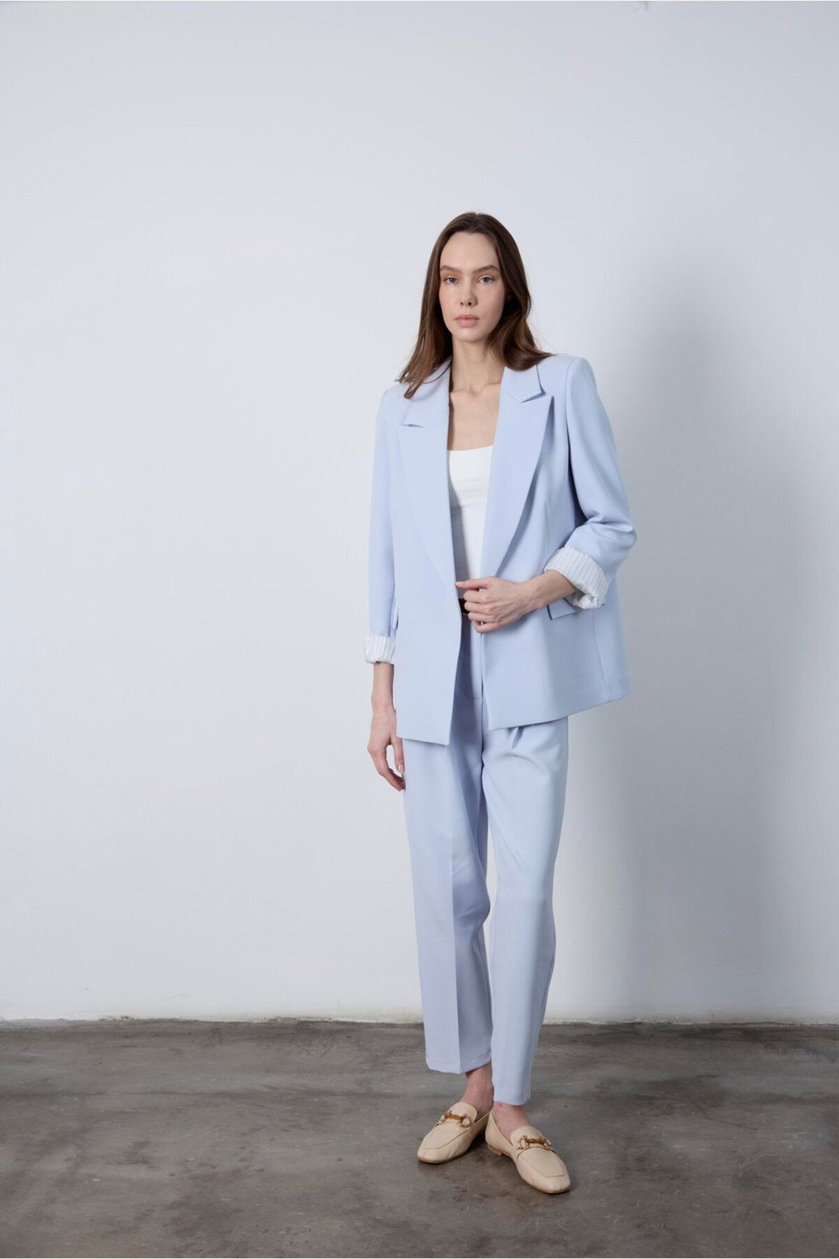 Lavanta Tekstil Astar Detaylı Blazer Ceket Kemerli Pantolon Takım