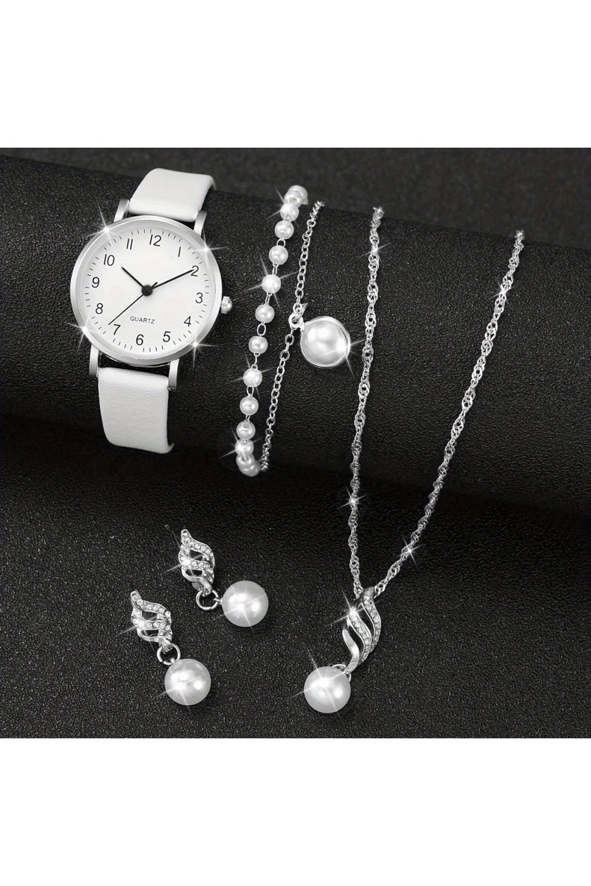 orco ( 6 X PARÇA ) TIME WHITE SAAT + KALP KUPE +KOLYE + BİLEKLİK + YÜZÜK TAKI SETİ BEYAZ