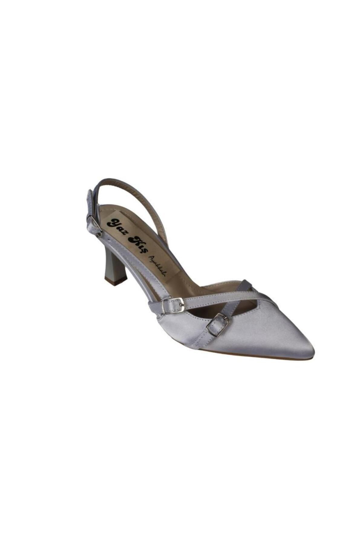 Yaz Kış Ayakkabı YAZKIŞ Kadın Gümüş Saten Bordo Rugan Üstü Toklaı Burnu Sivri 7cm İnce Topuklu Stiletto Ayakkabı