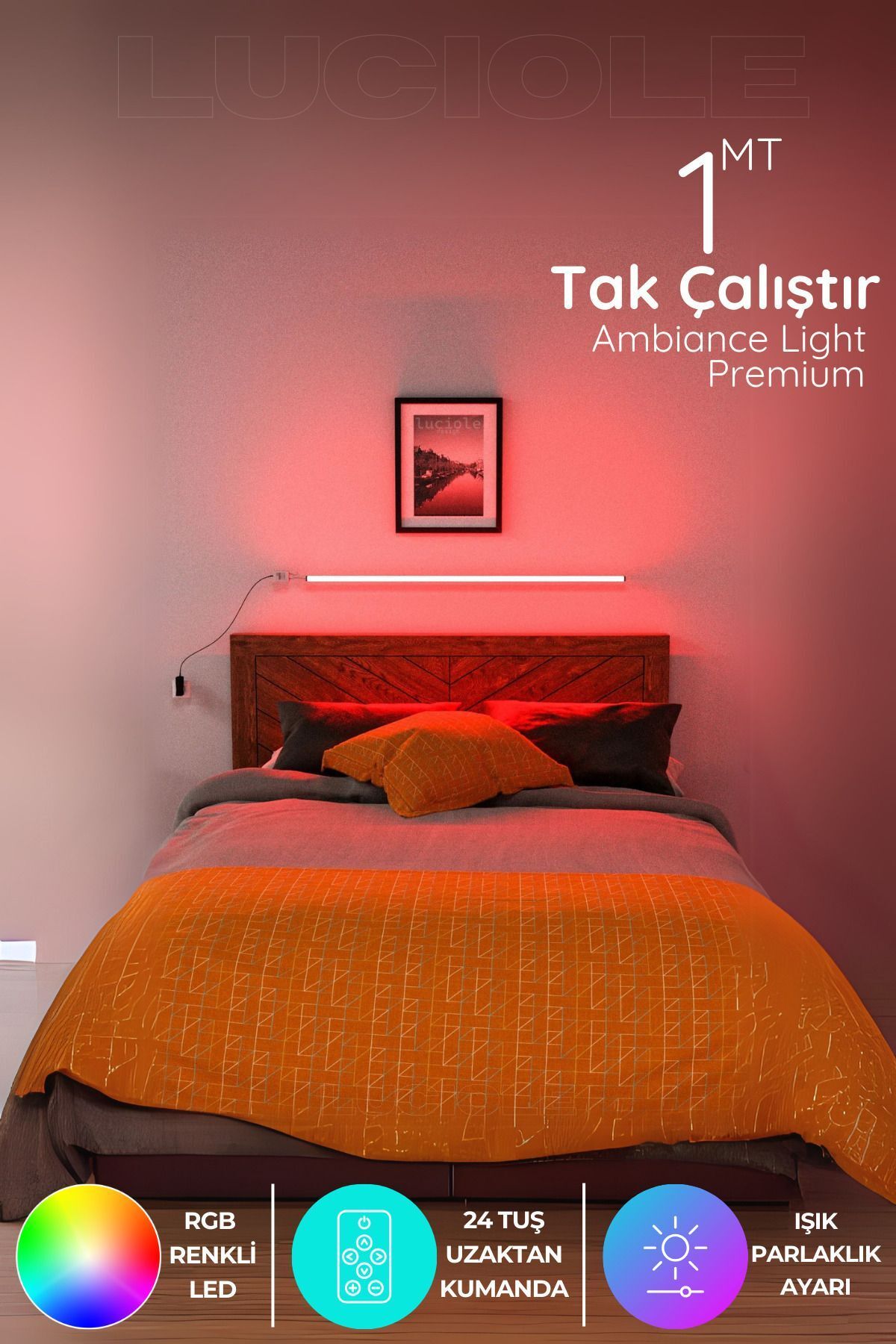 SerenityHaven Yatak Tv Üstü Led Lambader Işık Uzaktan Kumandalı Renk Animasyon Yapışkanlı Bedlightkı