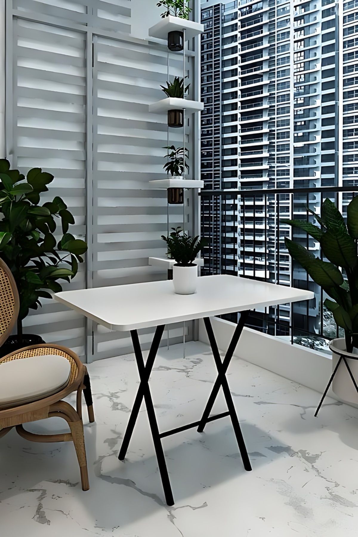 NESU HOME 70x110 Beyaz Siyah Ayaklı Katlanır Masa Mutfak Masası Yemek Masası Balkon Masası