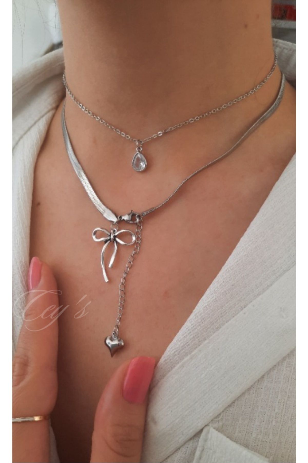 Cey's fashion Çelik Coquette Fiyonk Kolye seti Çelik italyan zincir kolye