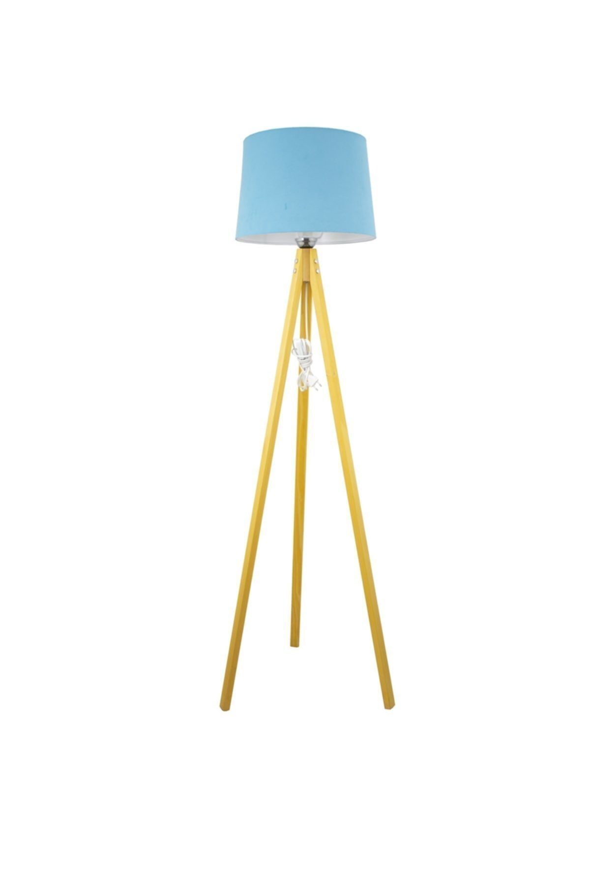SerenityHaven Rustik Ahşap 3 Ayak Natural Açık Kahverengi Tripod Lambader Turkuaz Konik Şapka