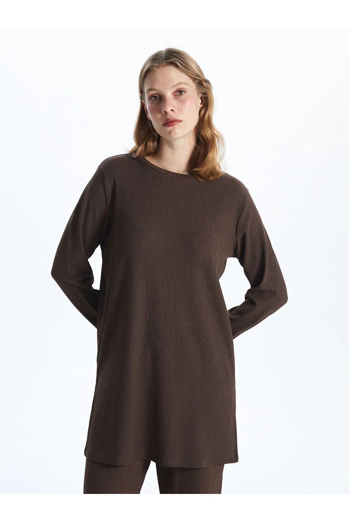 LC Waikiki LCWAIKIKI Basic Kahverengi Bisiklet Yaka Dokulu Kadın Tunik