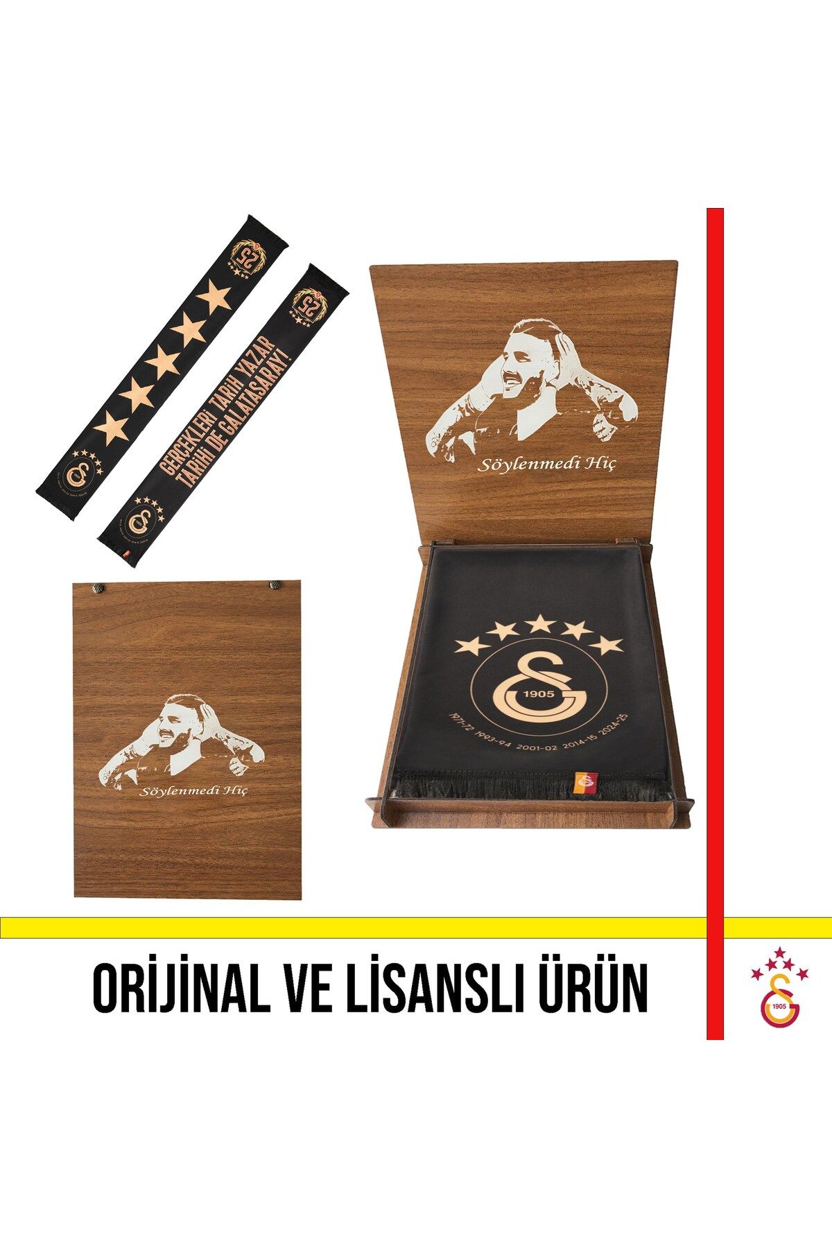 Galatasaray Lisanslı 5 Yıldızlı Gerçekleri Tarih Yazar Şal Atkı Icardi Ahşap Kutulu