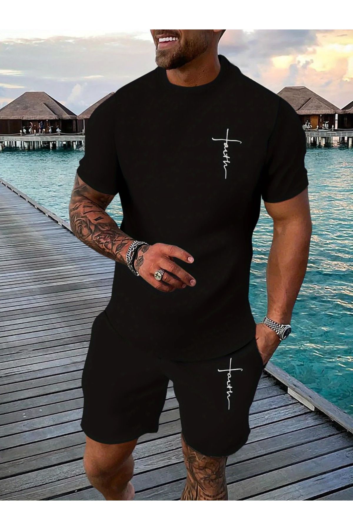 aynewmoda Erkekler Rahat Nefes Alabilir Açık Hava Spor Seti, Yetişkin Yaz İçin 3D Baskılı Tişört ve Pantolon