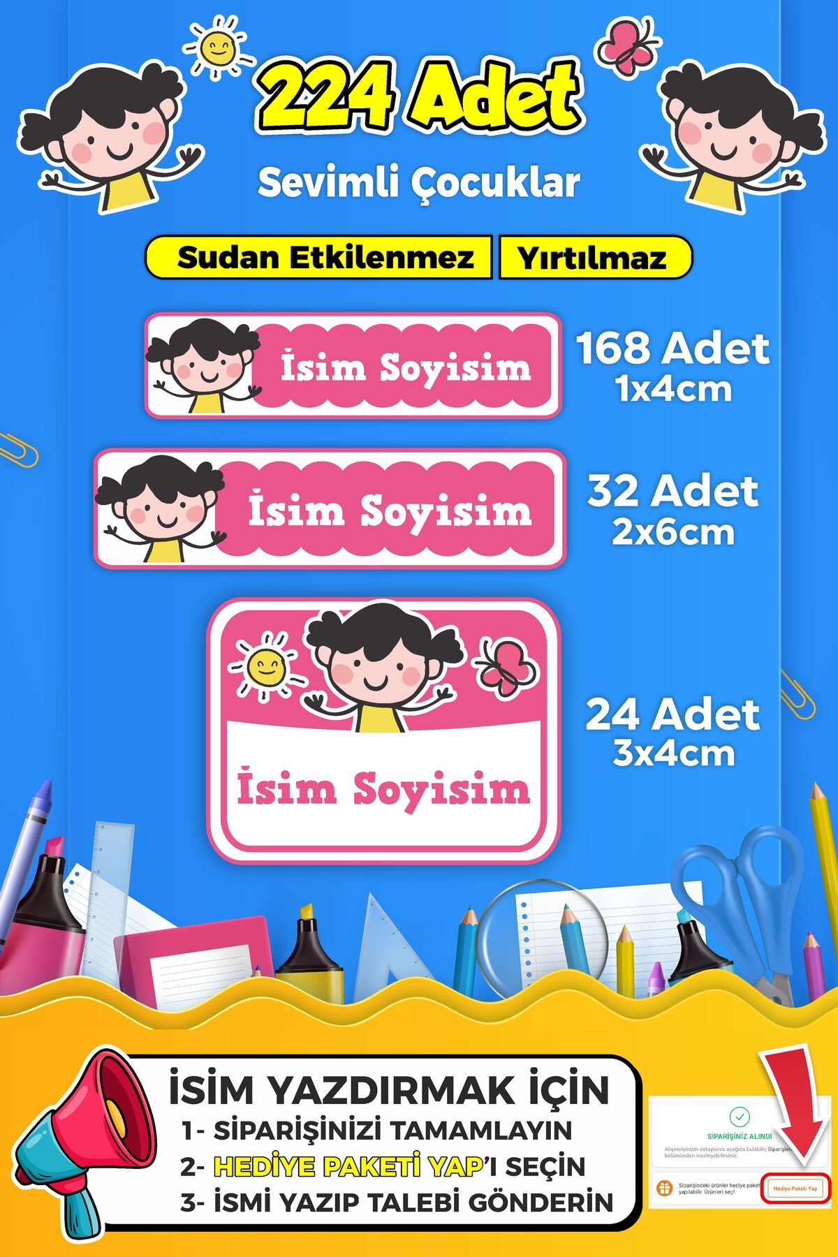 SB store Sevimli Çocuklar Temalı Okul Kreş Kişiye Özel İsim Etiket Seti - Model 240