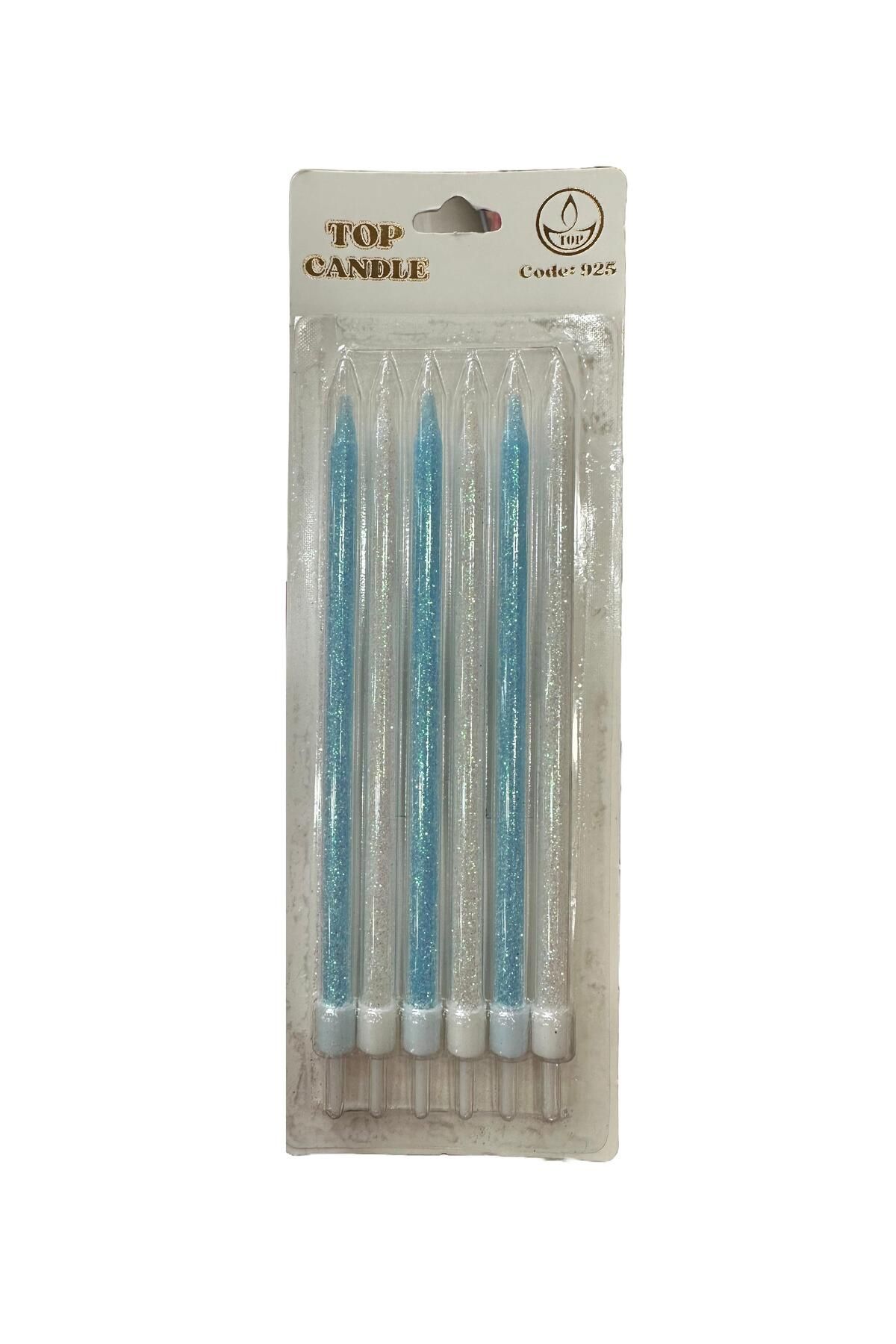 omeyva Simli Doğum Günü Parti Süs Pasta Mumu - Mavi / Beyaz- 15 Cm. - 6 Adetlik Paket