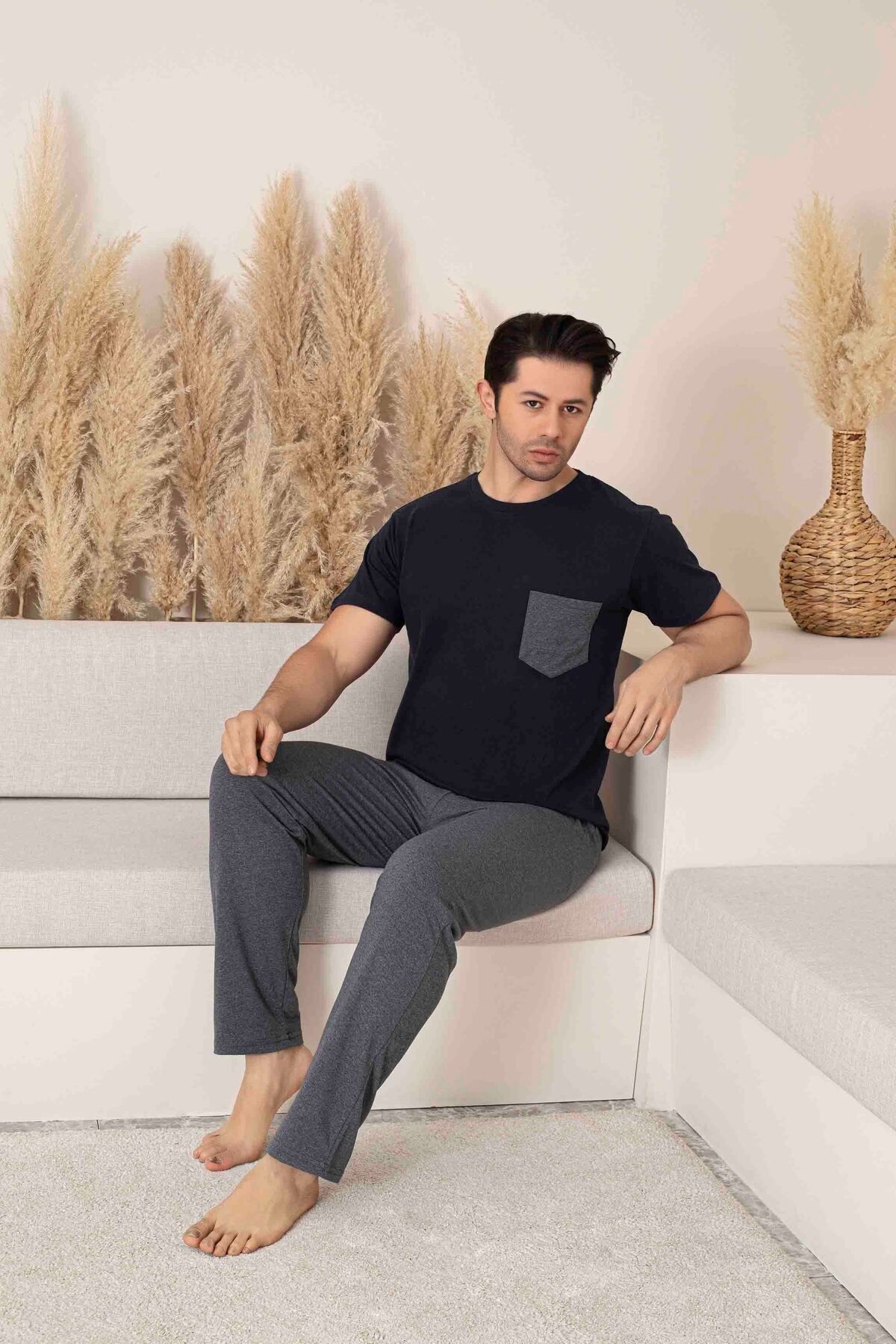 Pijamax Erkek Lacivert-Füme KOMBİN Cepli Kısa Kollu Penye Yazlık Pijama Takımı