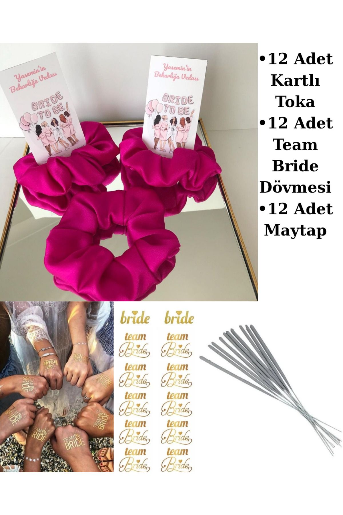 nisbutik aksesuar Bekarlığa Veda Saten Toka Seti, Gelin Hamamı Seti, Scrunchie Toka Bride Dövme Seti, Tel Mytp