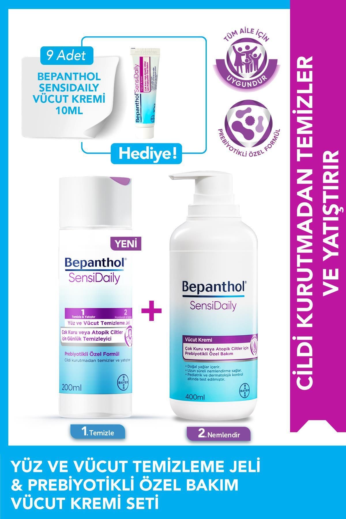 Bepanthol SensiWash Yüz ve Vücut Temizleme Jeli 200ml + Sensidaily 400ml + Mini Boy Hediye - Çok Kuru Atopik C