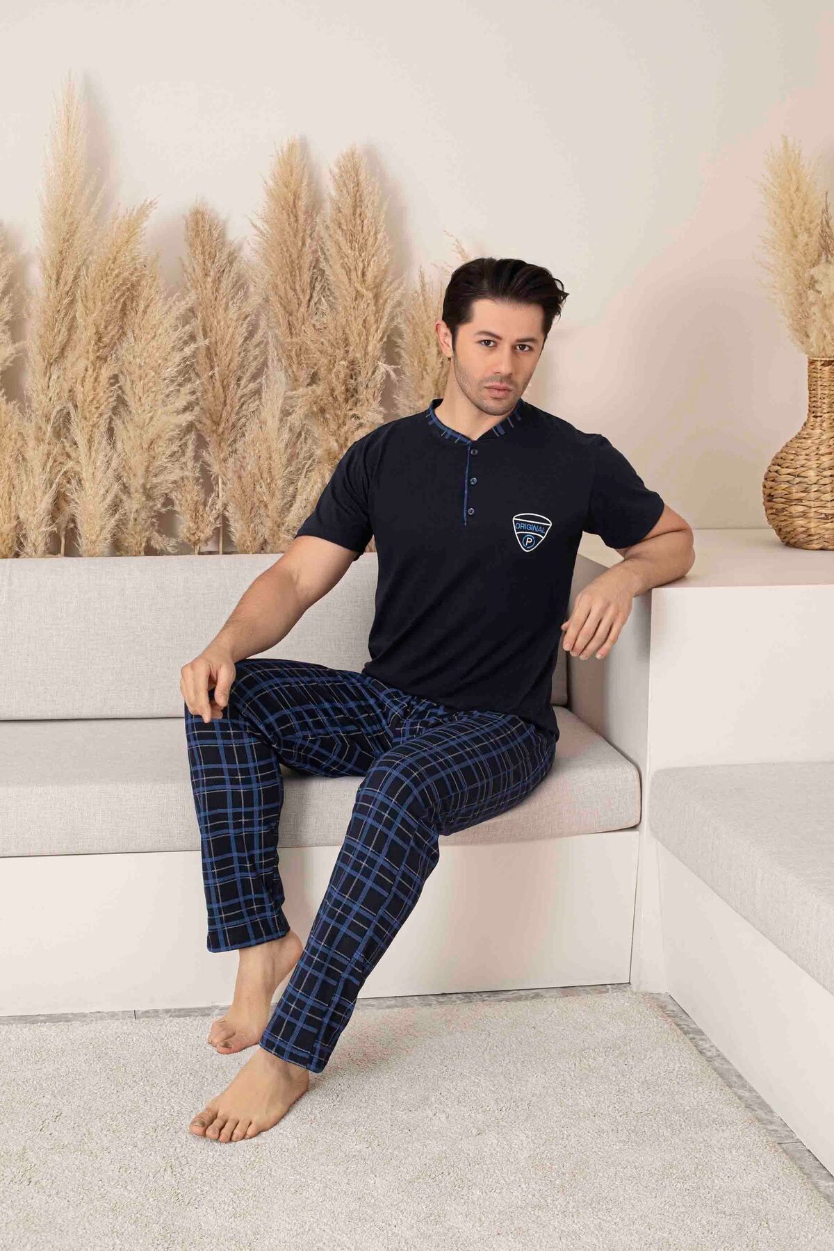 Pijamax Erkek Lacivert Kare Ekose Desen Kısa Kollu Penye Örme Kumaş Pijama Takımı