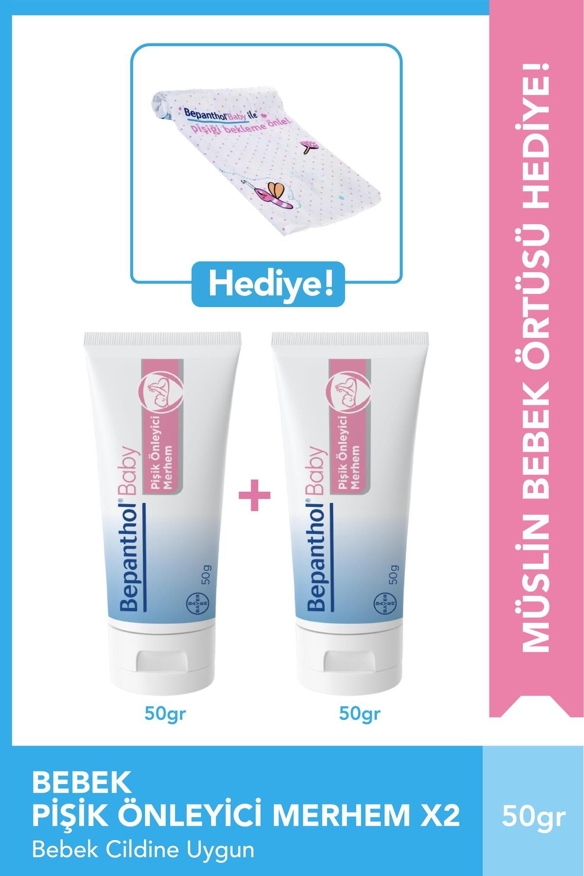 Bepanthol Pişik Önleyici Merhem 50g 2'li Paket + Müslin Bebek Örtüsü Hediye