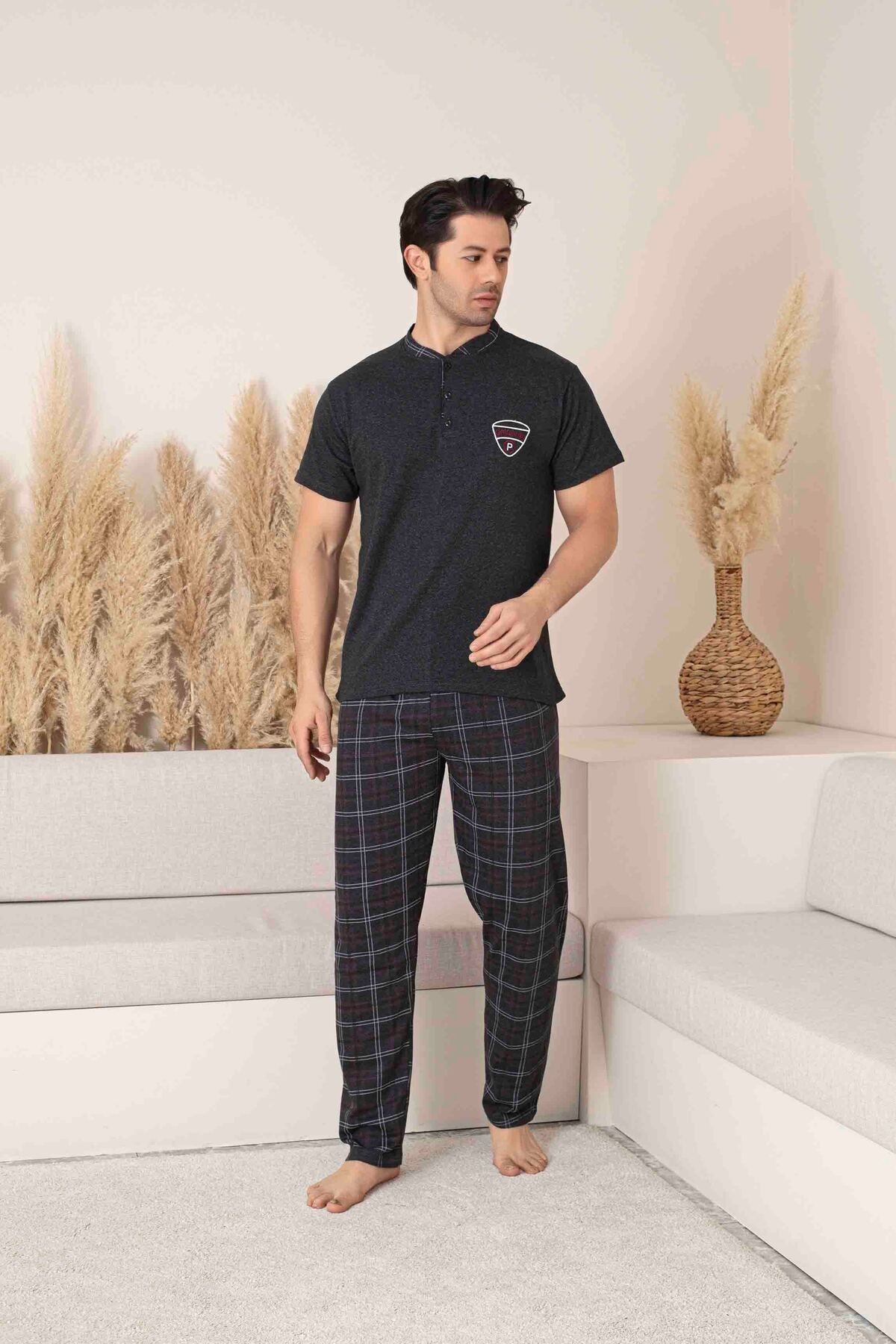 Pijamax Erkek Antrasit Kare Ekose Desen Kısa Kollu Penye Örme Kumaş Pijama Takımı