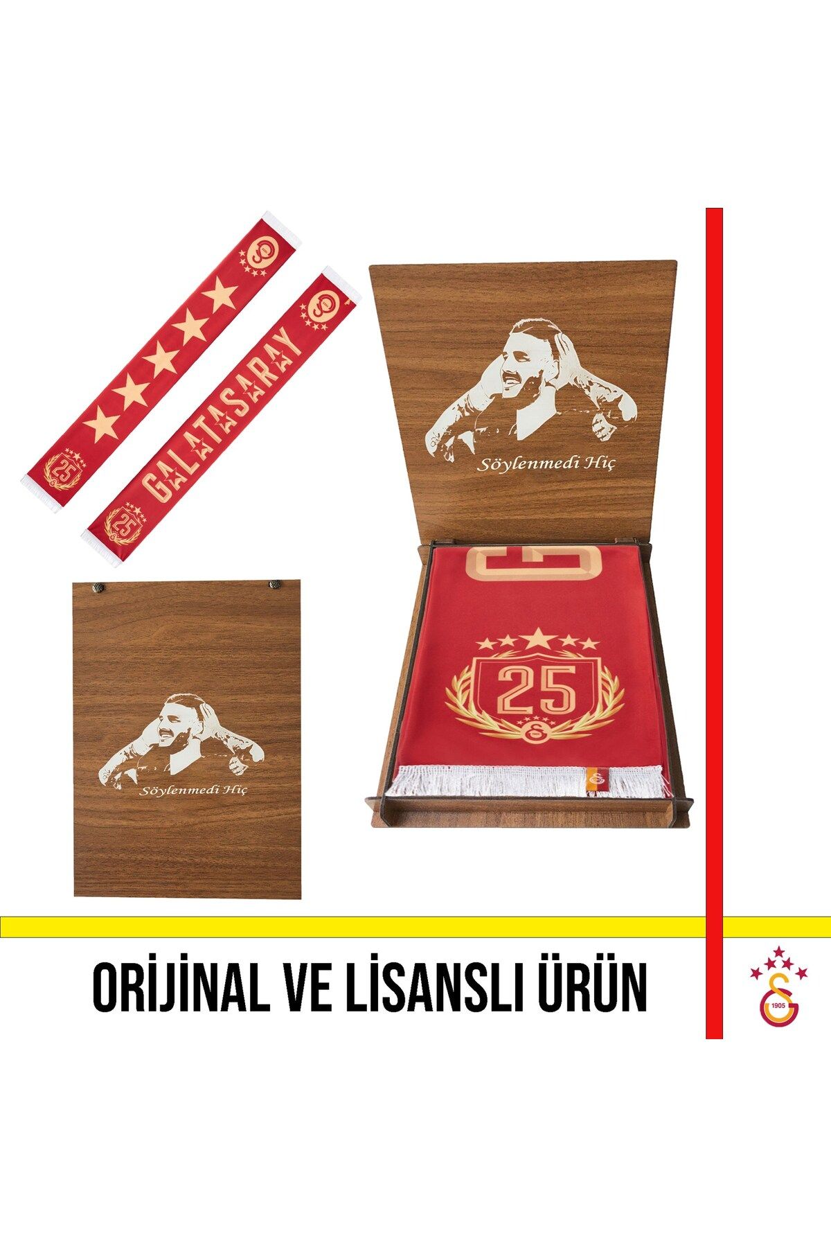 Galatasaray Lisanslı Kırmızı 5 Yıldızlı 25 Şampiyonluk Özel Şal Atkı Icardi Ahşap Kutulu