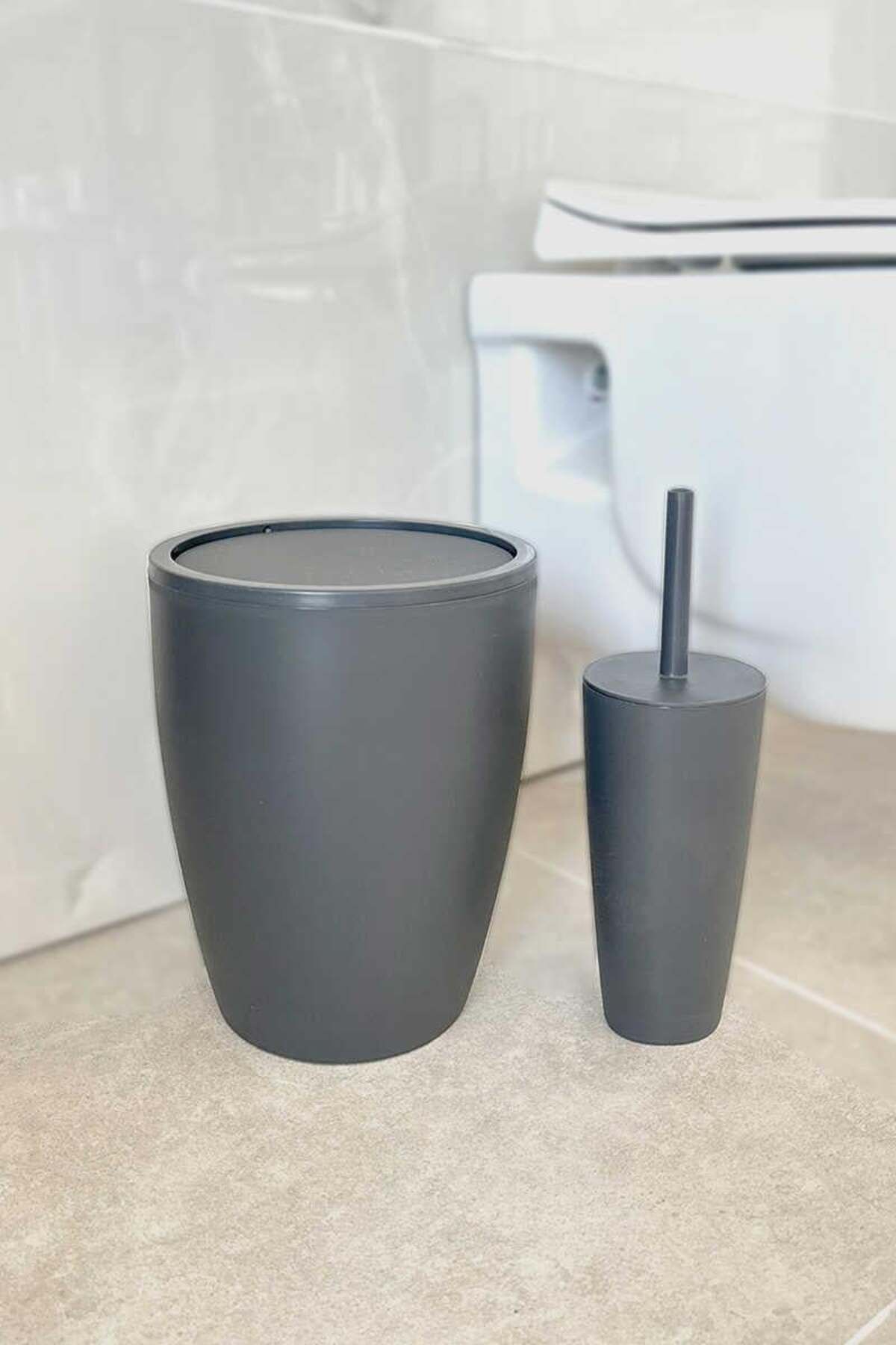 Prima Nova Primanova Pure 2'li Banyo Seti Çöp Kovası + Tuvalet Fırçası Gri