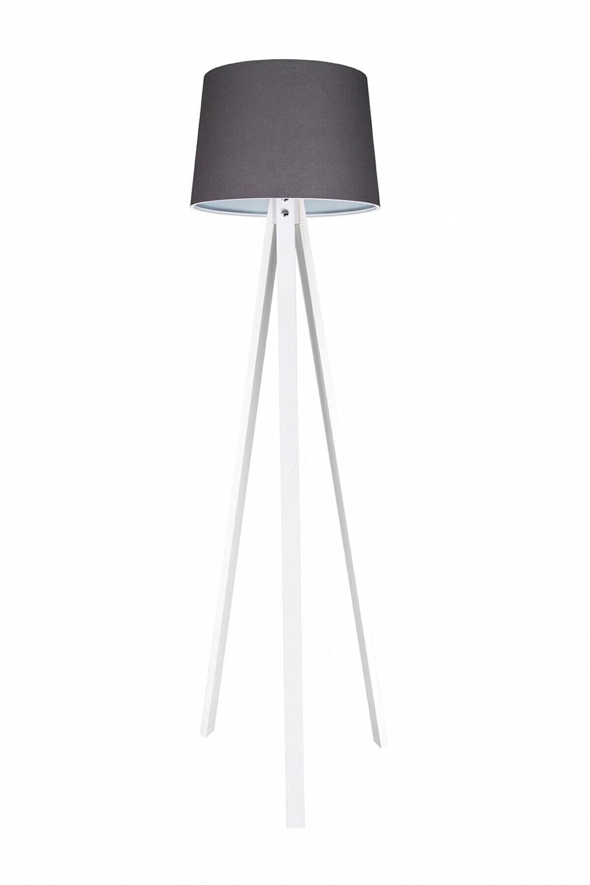 SerenityHaven Lambader Ahşap 3 Ayaklı Tripod Abajur Konik Kumaş Füme Beyaz