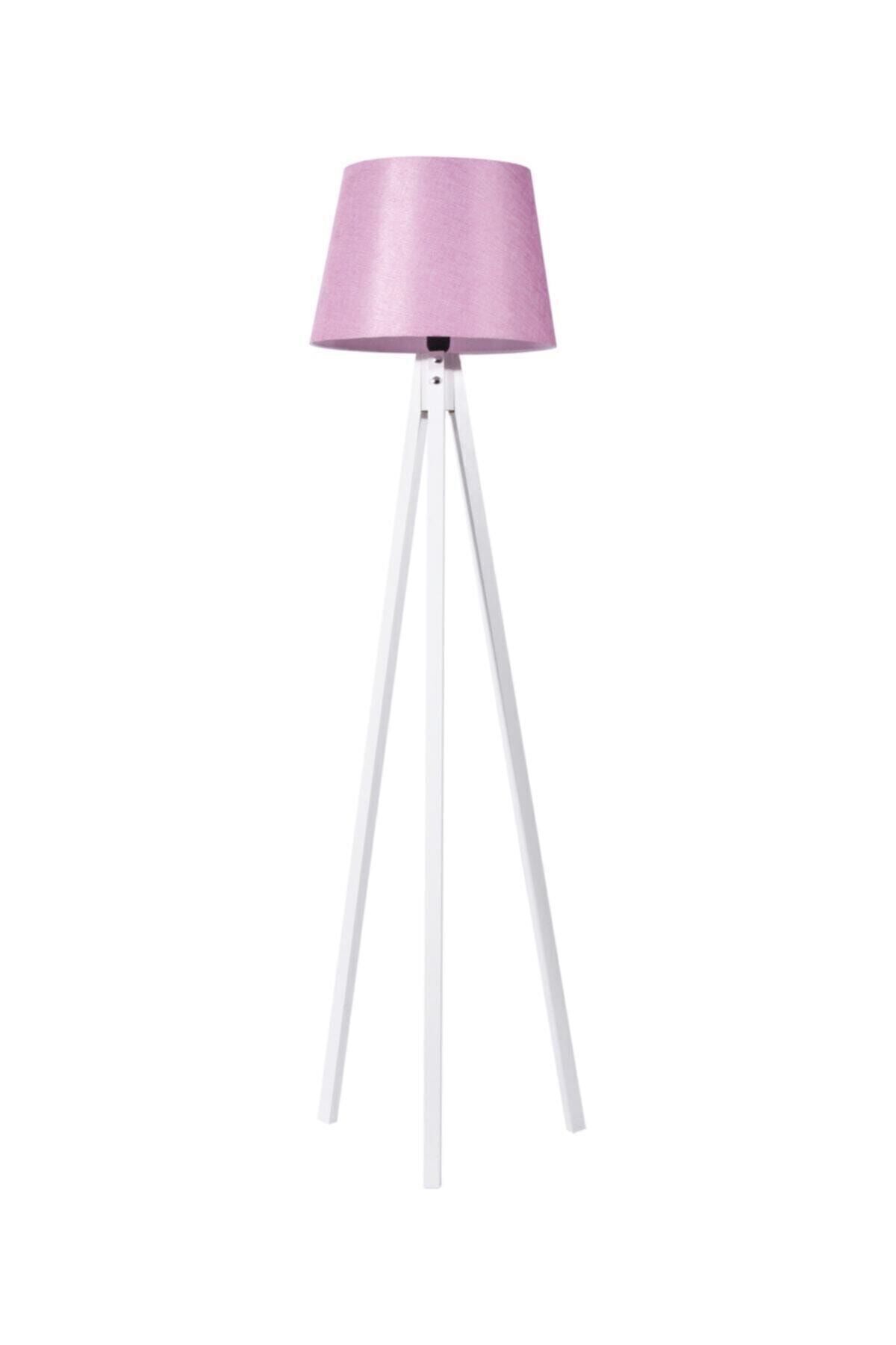 SerenityHaven 3 Ayaklı Ahşap Lambader Tripod Ayak Abajur Konik Kumaş Pembe Beyaz