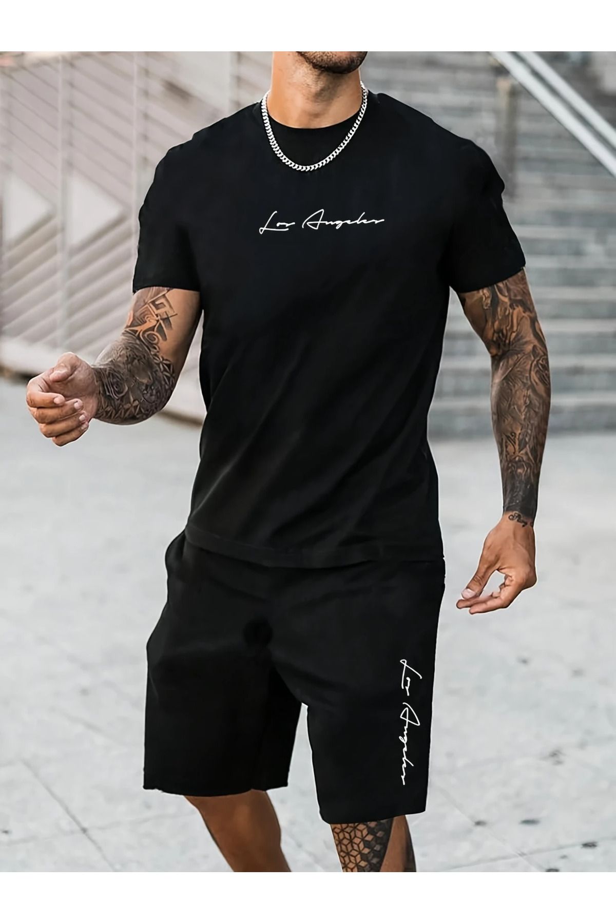 aynewmoda Erkek 2'li Paket Los Angeles Logo Baskılı Kısa Kollu Yuvarlak Yaka Tişört 1200