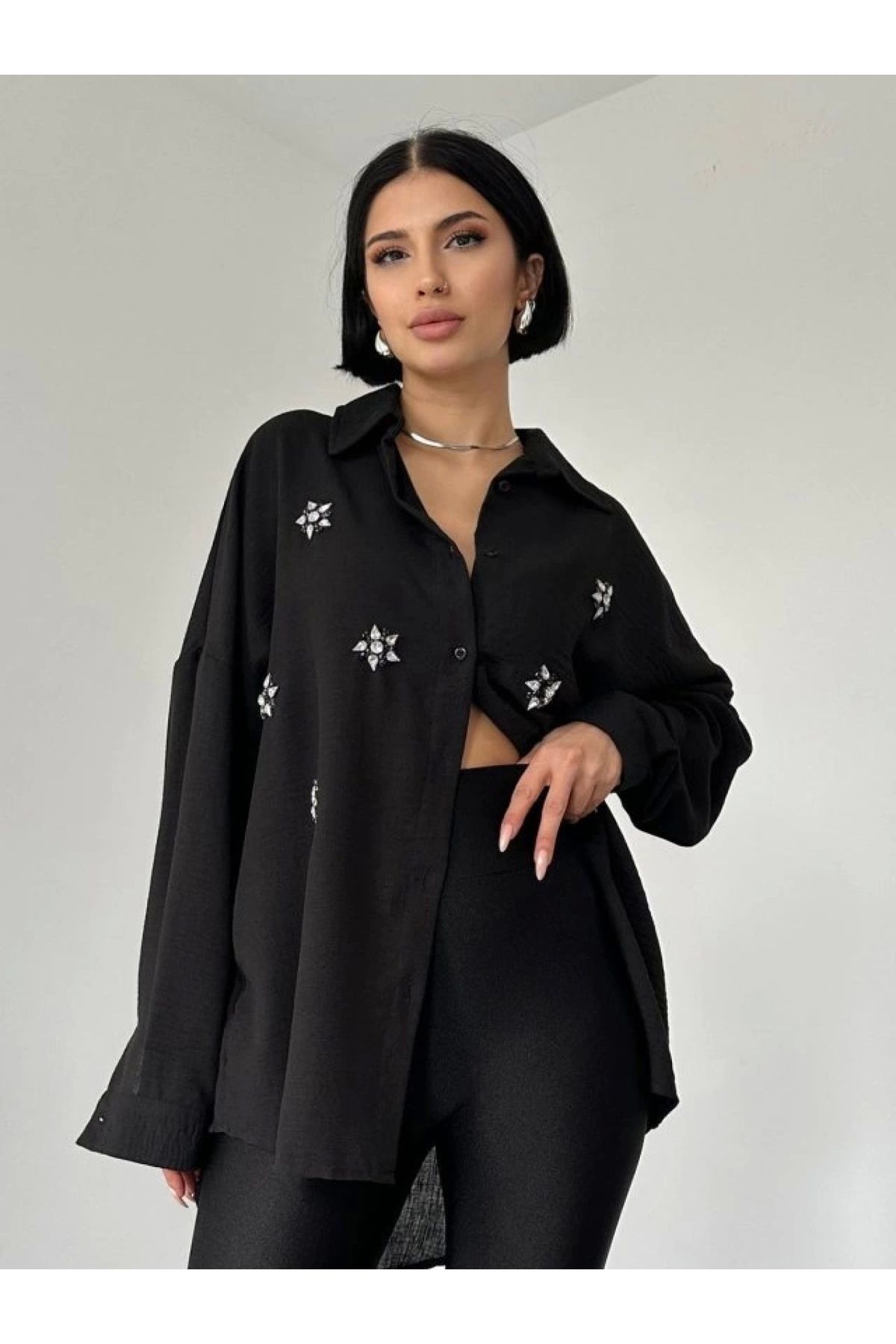 POLEXP İşlemeli Siyah Gömlek - Trend Setter