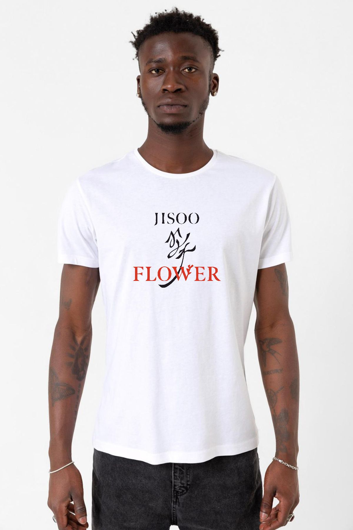 Tshirthane Jisoo Flower Beyaz Erkek Bisikletyaka Tshirt