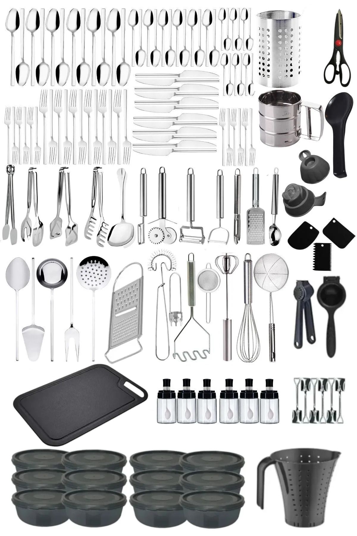 Seyese Eksiksiz Mutfak Gereçleri Seti, Çelik Spatula, Kepçe, Saklama Kabı, Kesme Tahtası ve Hazırlık Seti