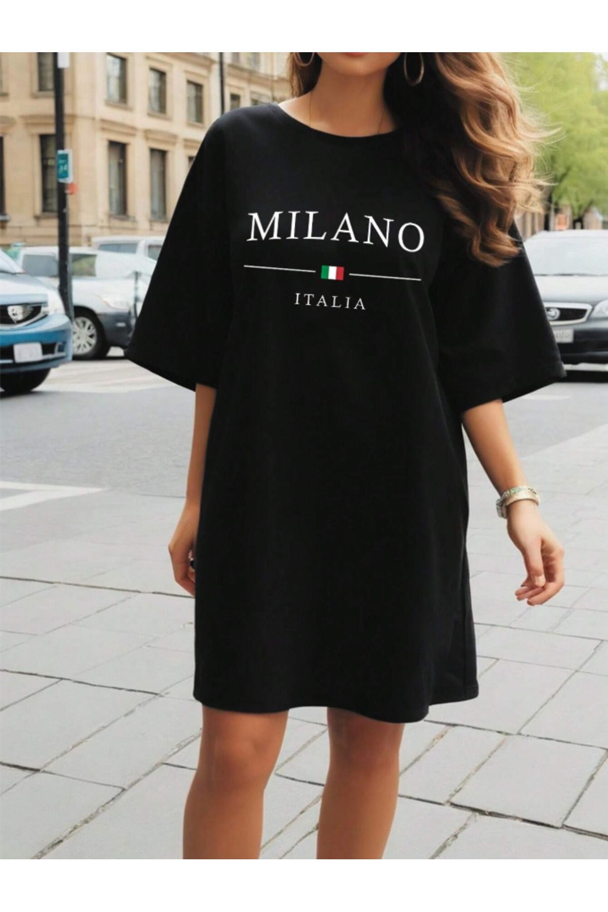 COHERENT Kadın Milano Özel Baskılı Renkli Uzun Basic Elbise Oversize T-Shirt