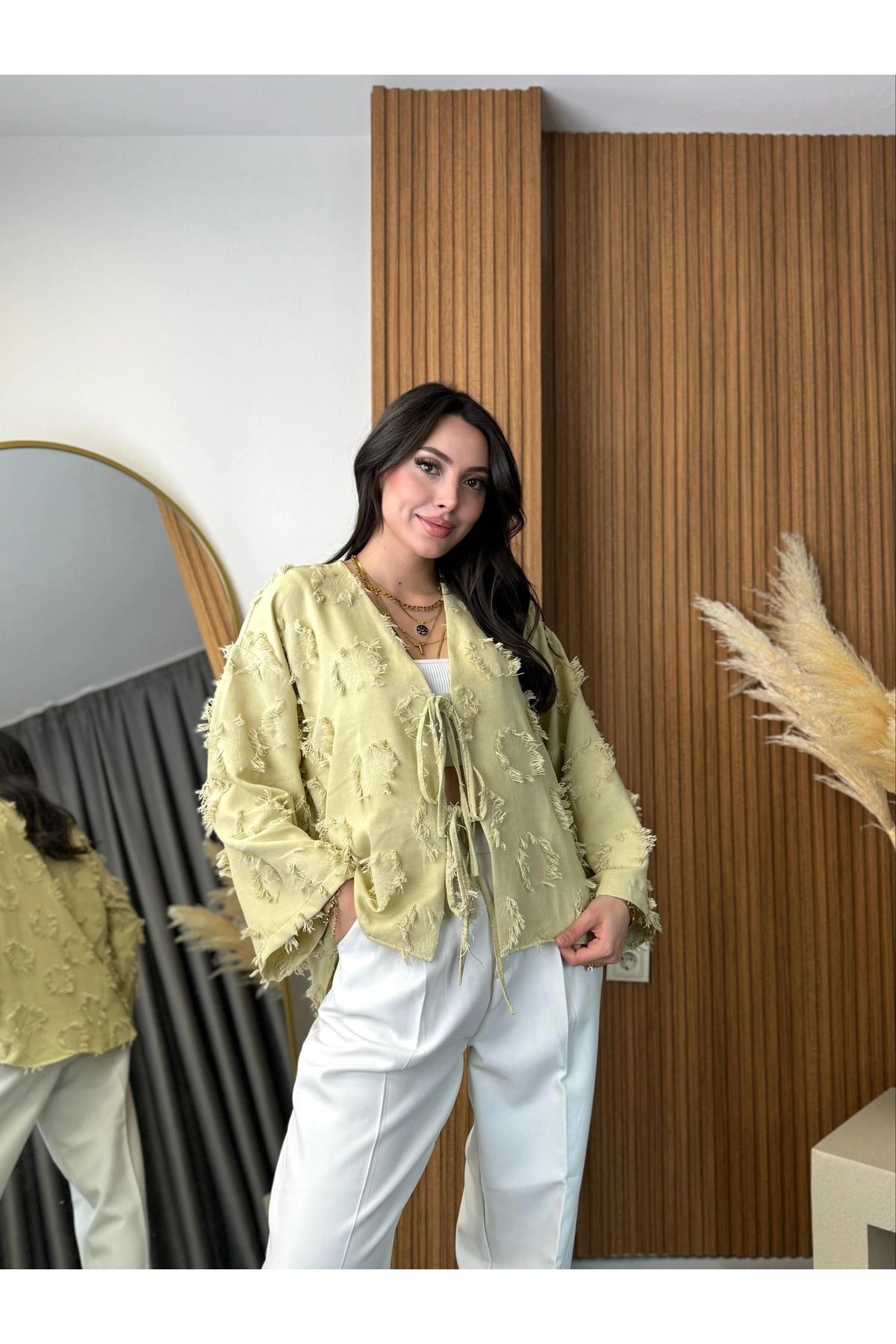 Enter Püskül Detaylı Keten Bağlamalı Kimono