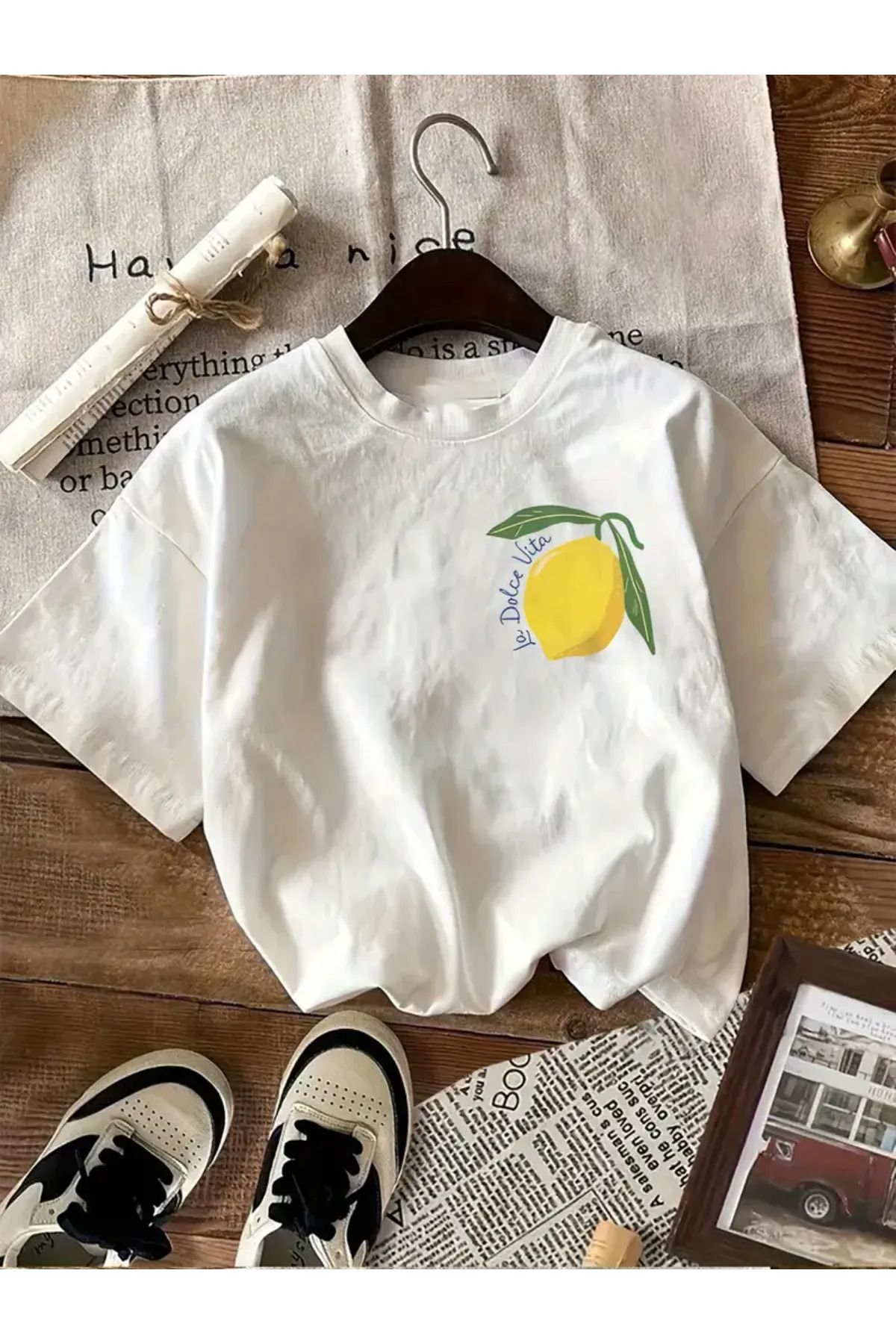 Koklonmoda Büyük Beden Unisex Limon Cello Baskılı Oversize T-Shirt