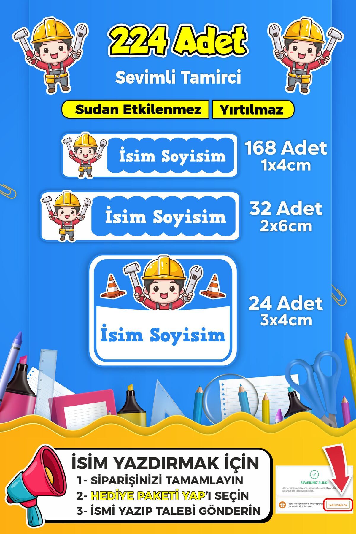 SB store Sevimli Tamirci Usta Temalı Okul Kreş Kişiye Özel İsim Etiket Seti - Model 254